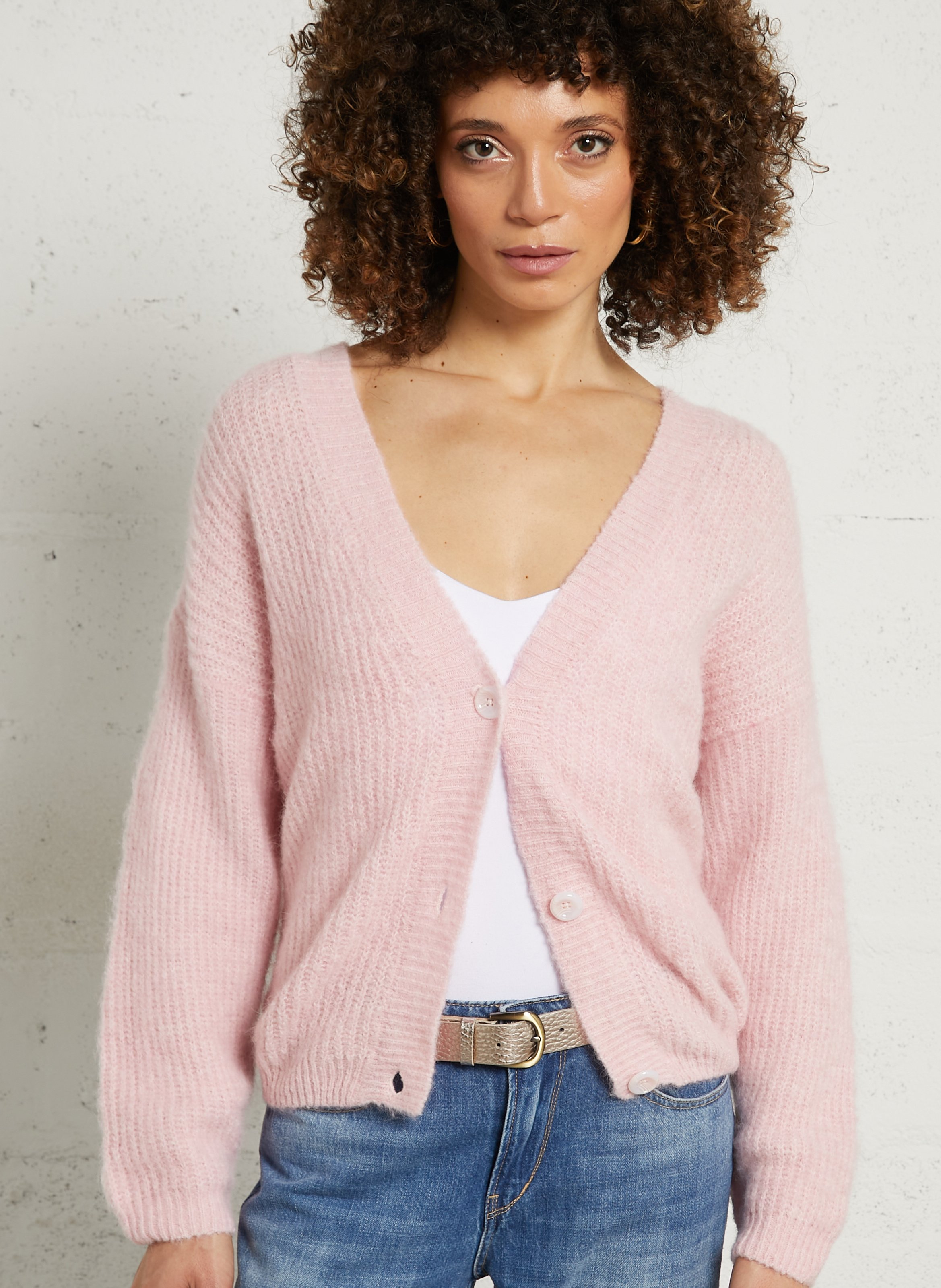 Weite Strickmix-Jacke mit V-Ausschnitt AMERICAN VINTAGE