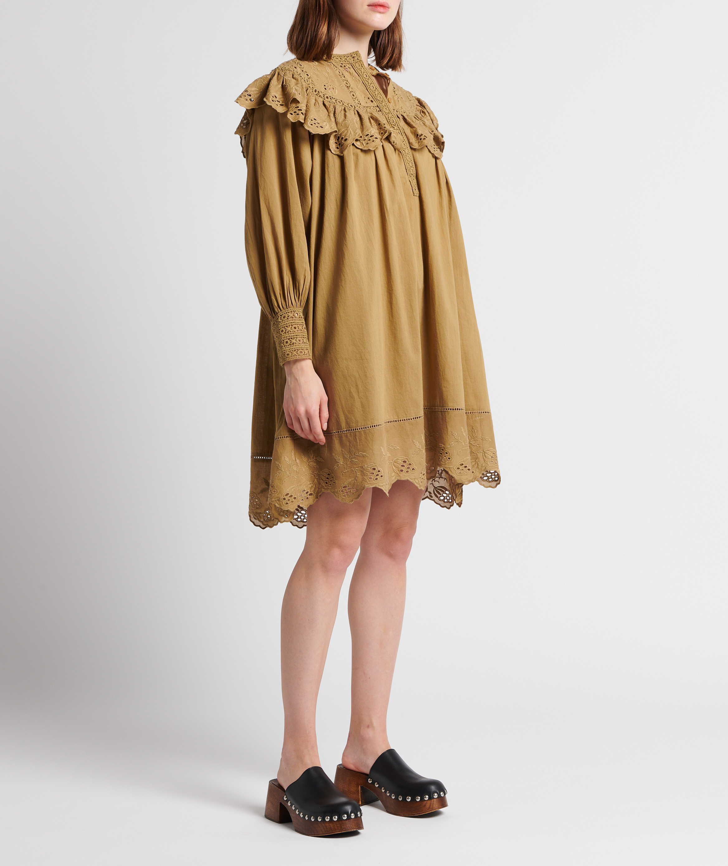 Robe courte col rond en voile de coton BELLEPIECE Kaki