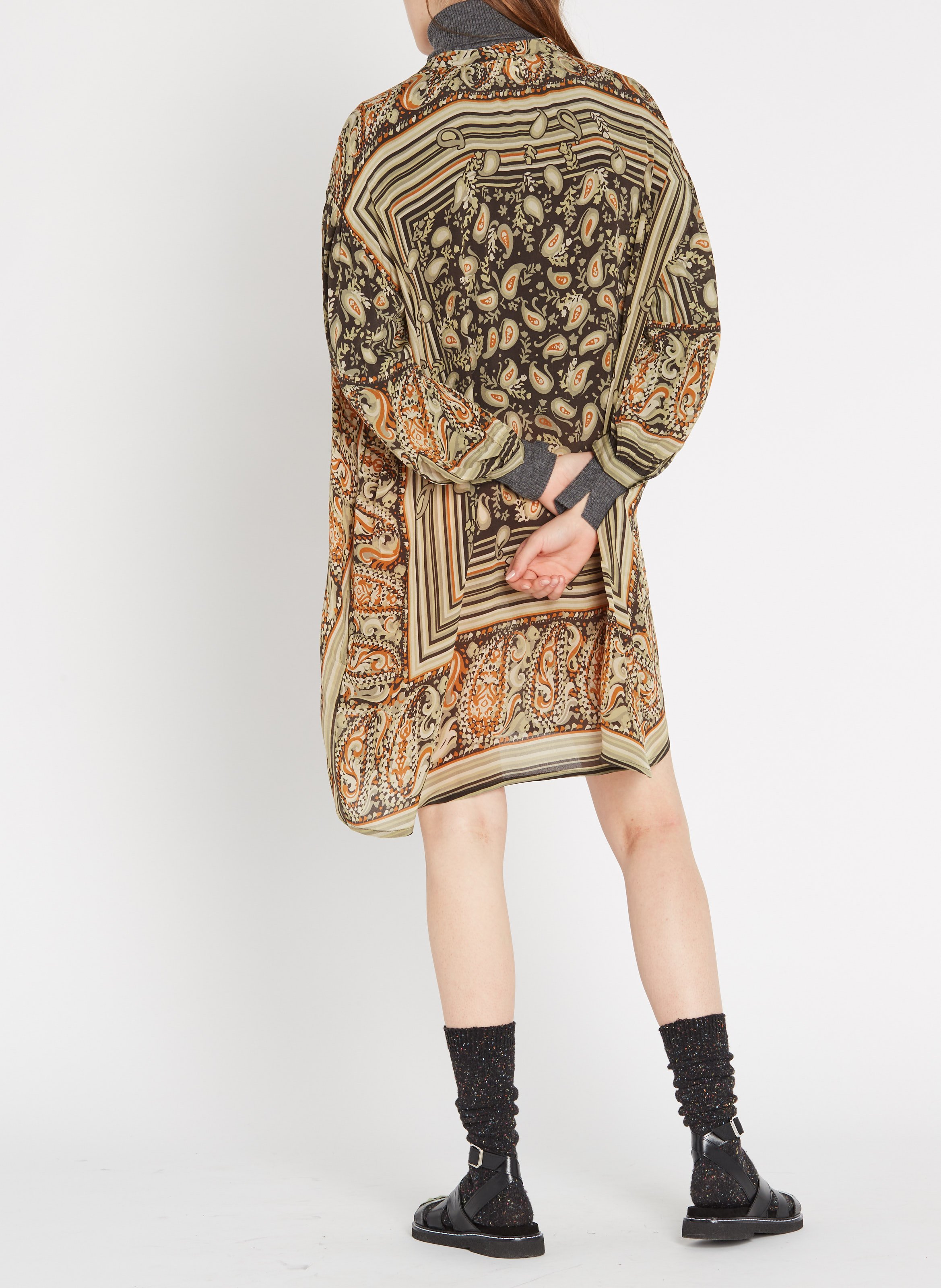 Robe courte col V imprimée en crêpe avec ceinture SWILDENS Kaki