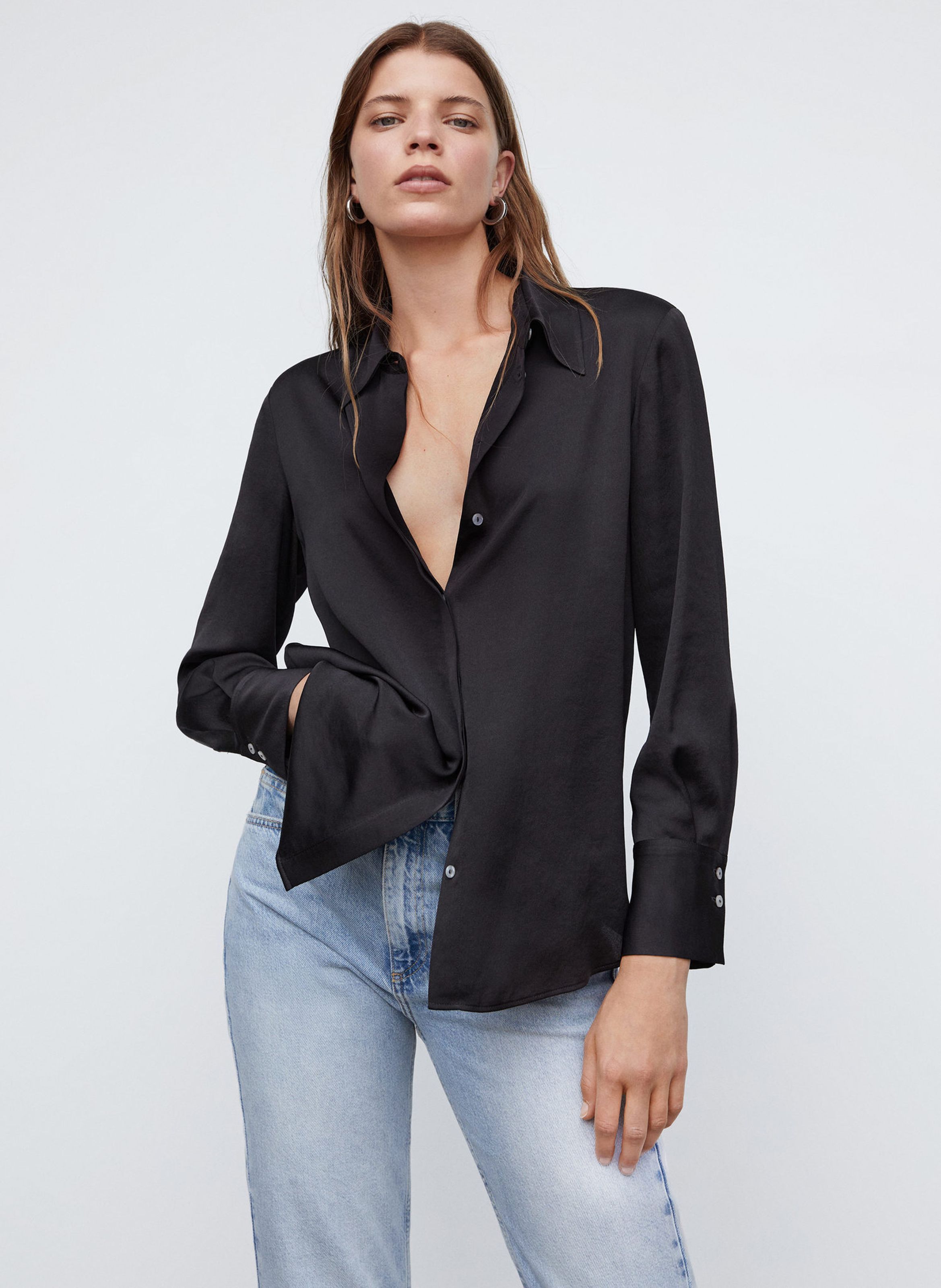 Black Fluid satin finish shirt with classic collar