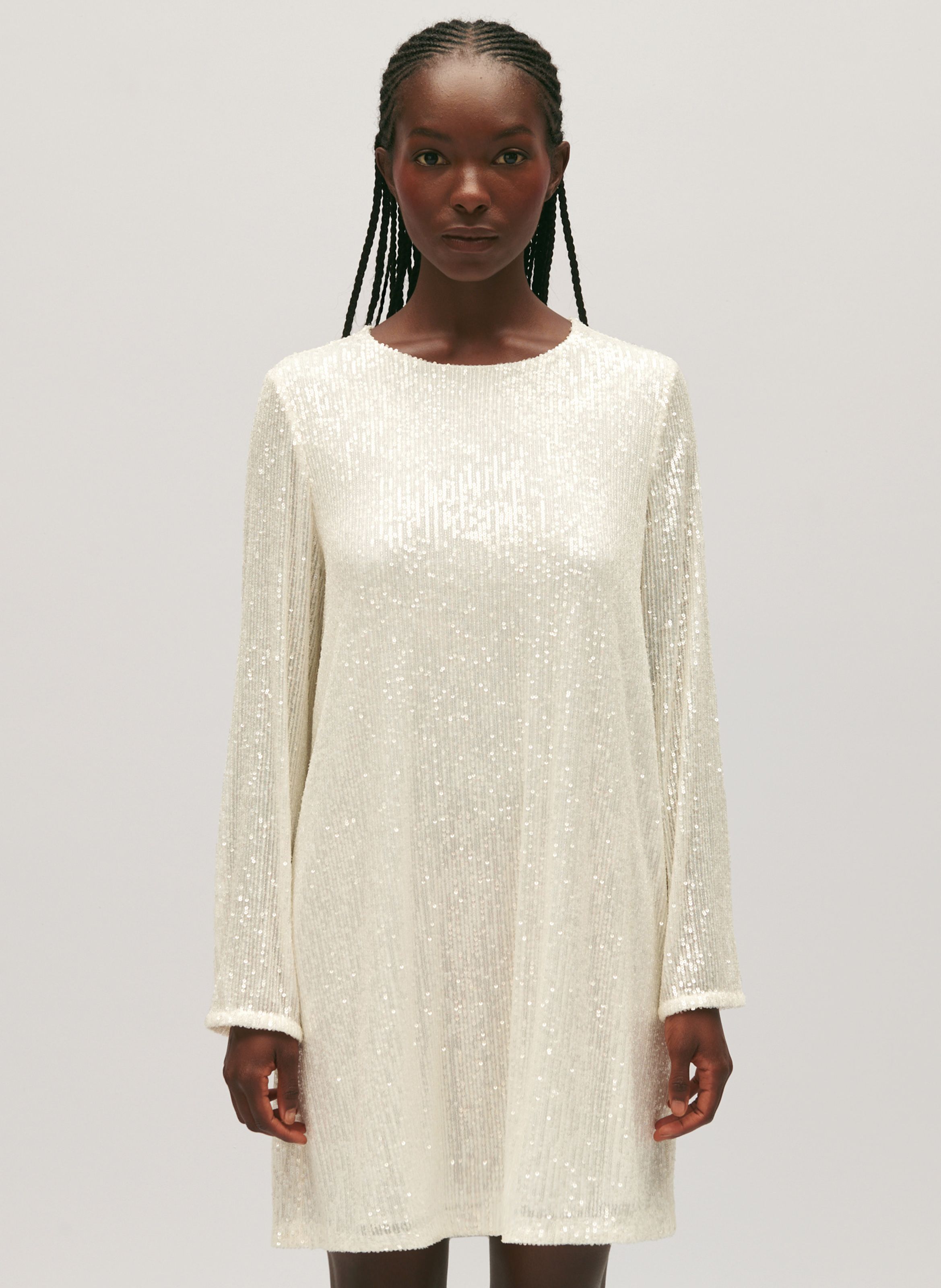 Robe courte col rond sequins Blanc