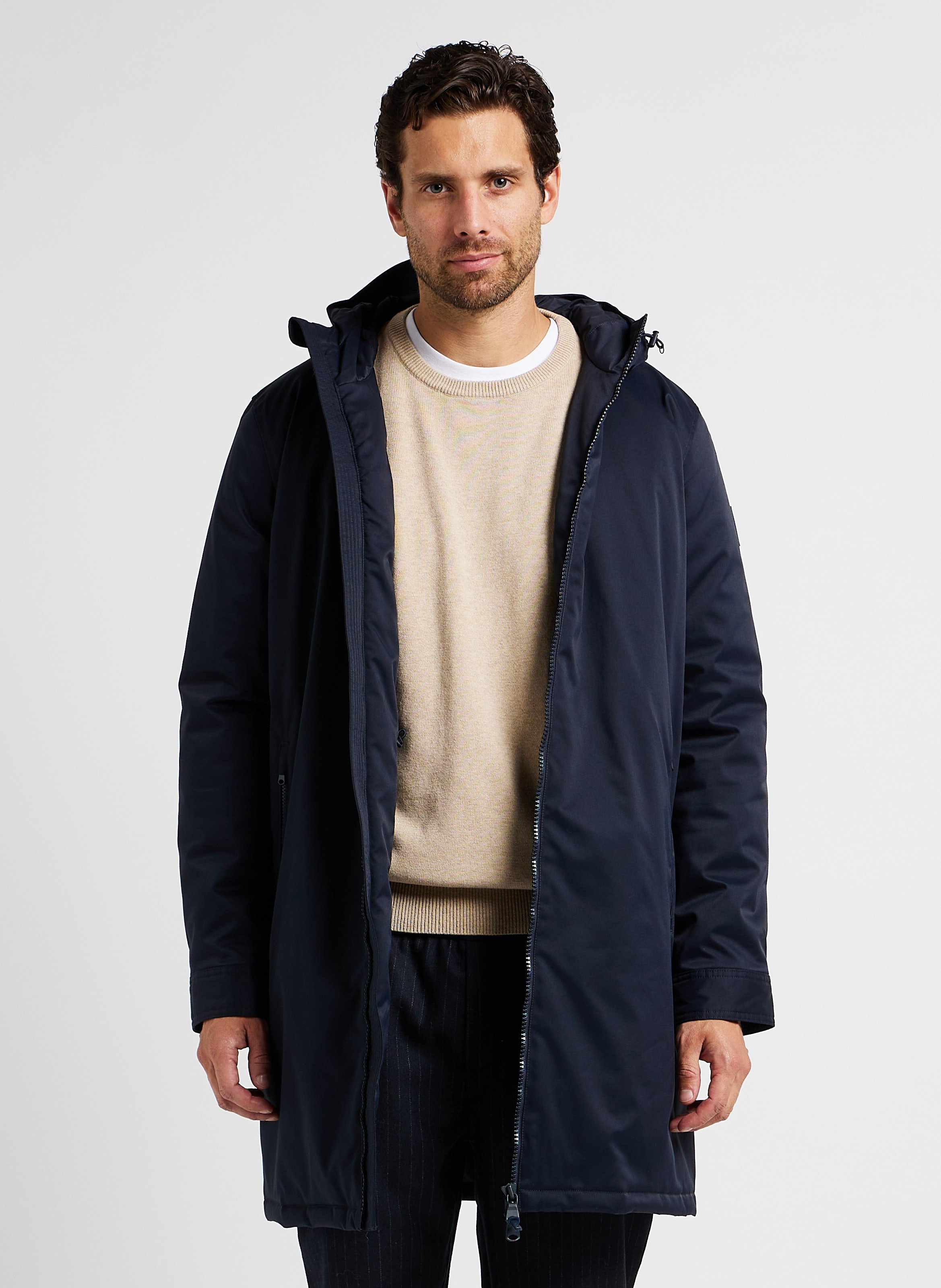 Parka long col montant droit capuche Bleu