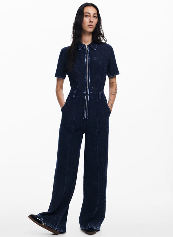 Combinaison col classique en denim de coton melange Bleu