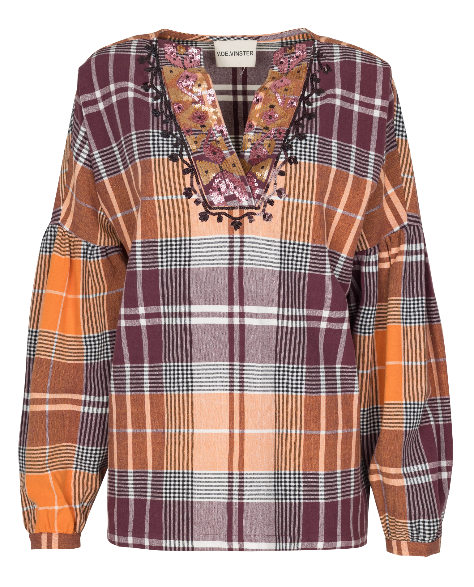 Blouse large col v sequins à carreaux V DE VINSTER Orange