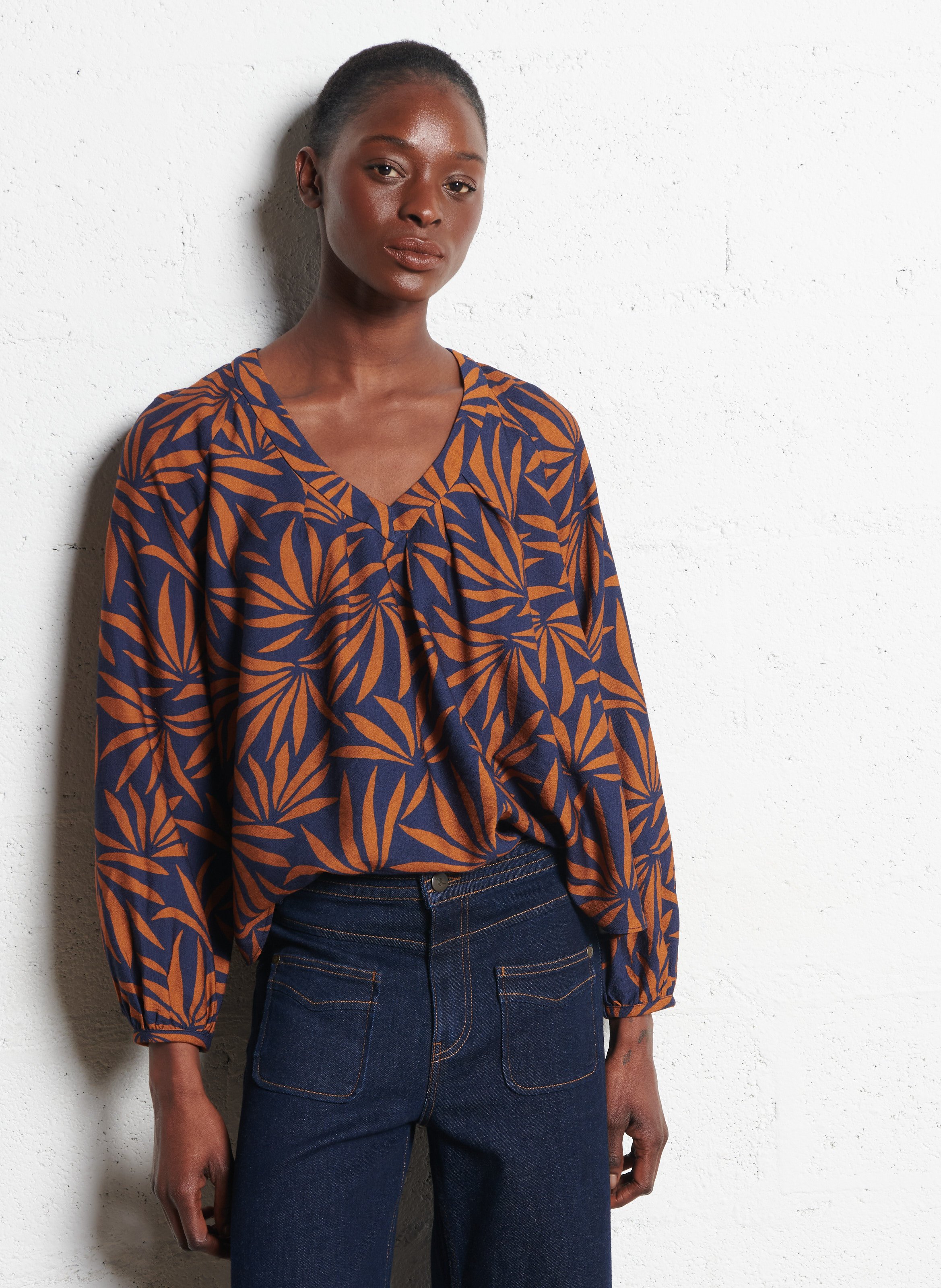 Blouse col V imprimée ONE STEP Bleu