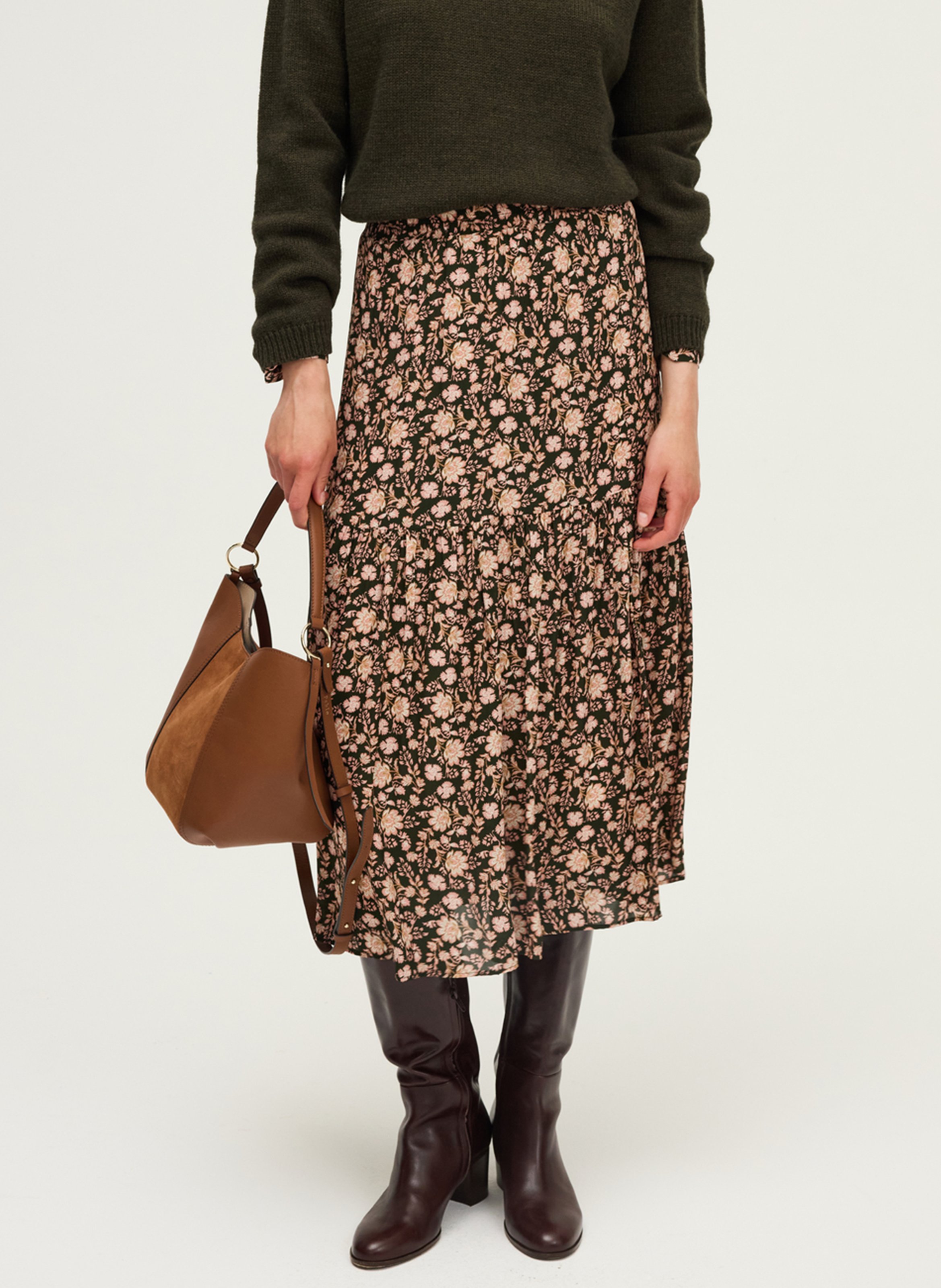 Midi skirt with botanical print PABLO Khaki
