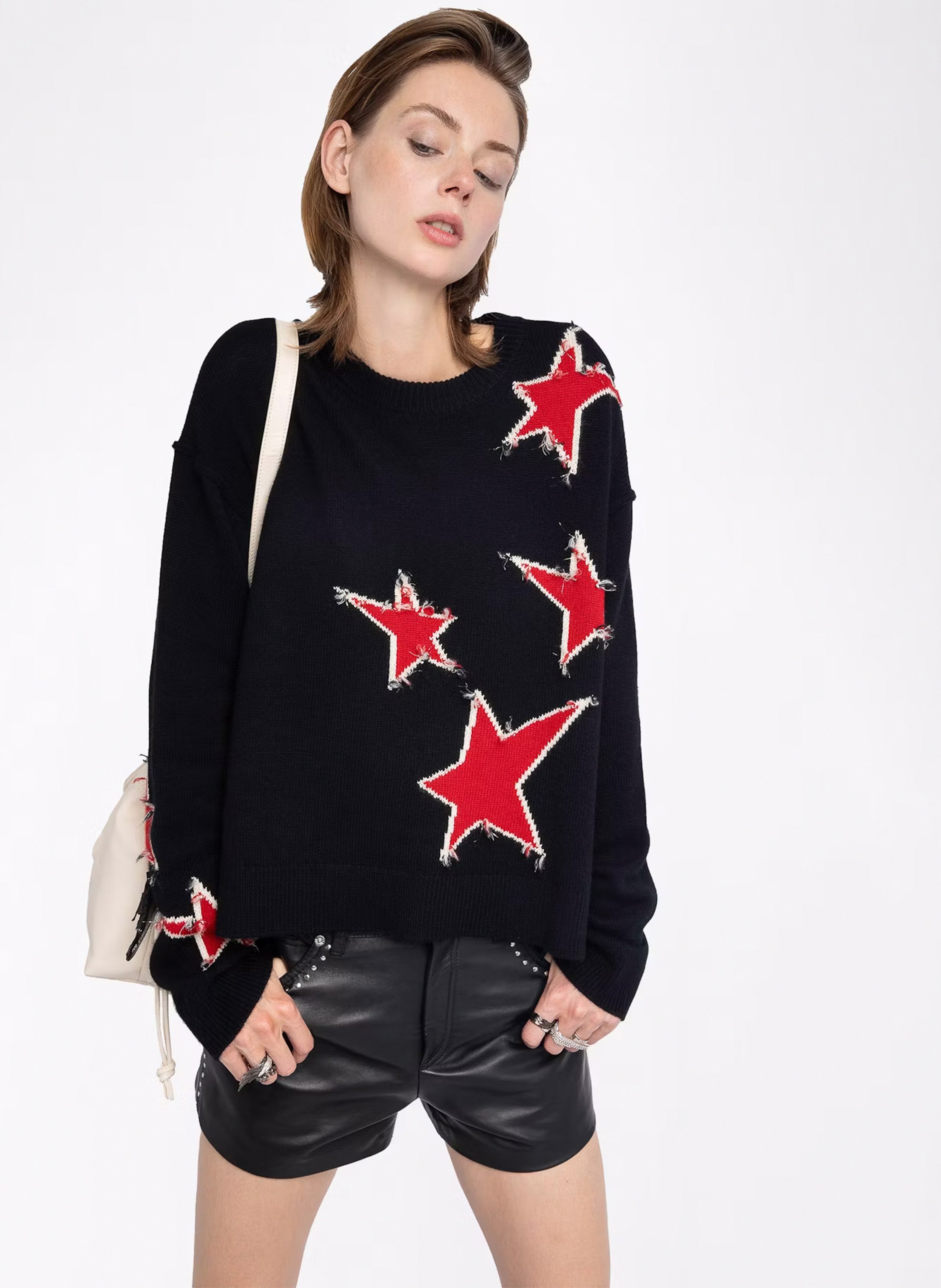 Round neck sweater with distressed star effects in cashmere ZADIG&VOLTAIRE Black
