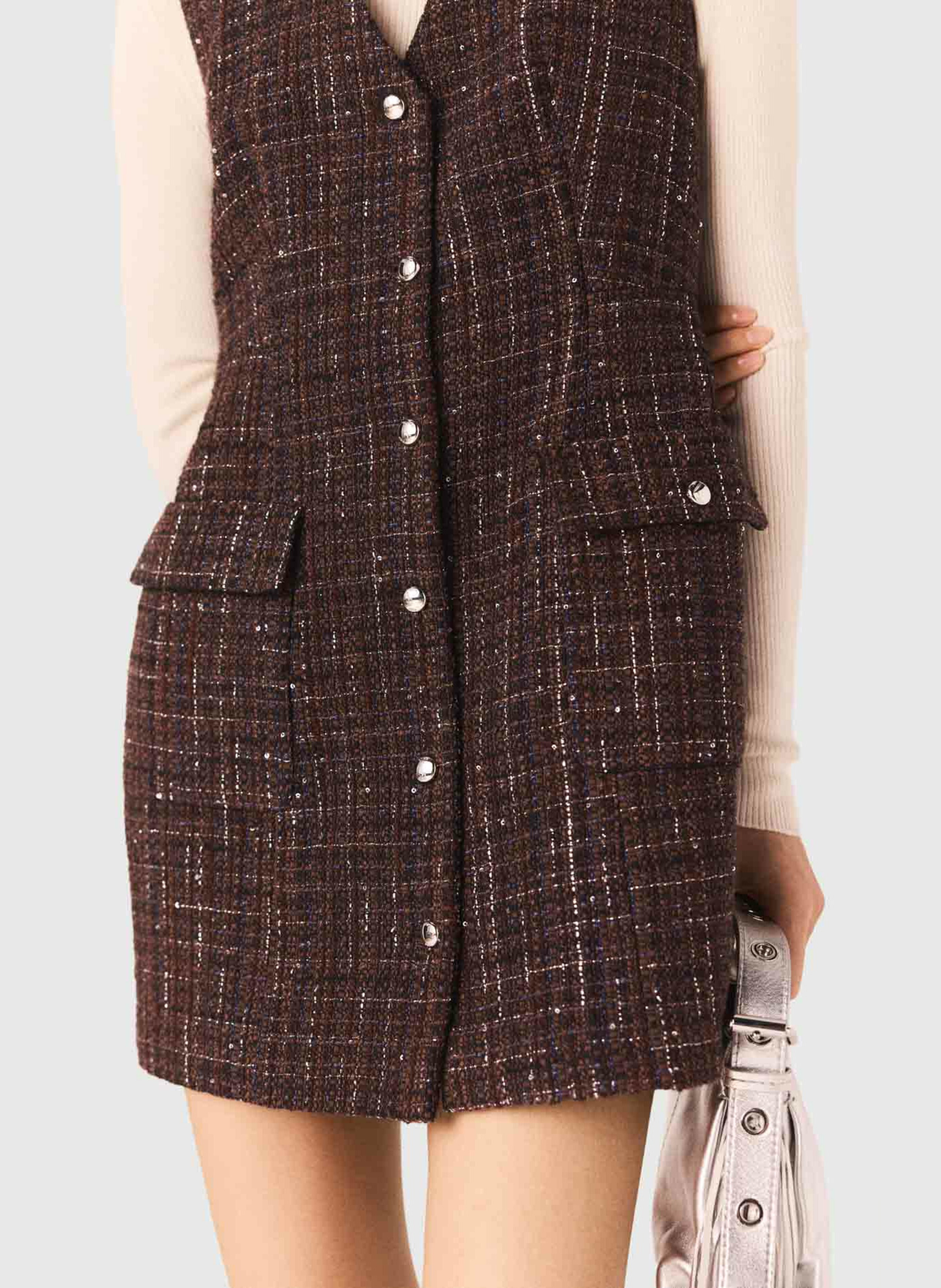 Robe courte en tweed col V MAJE Marron