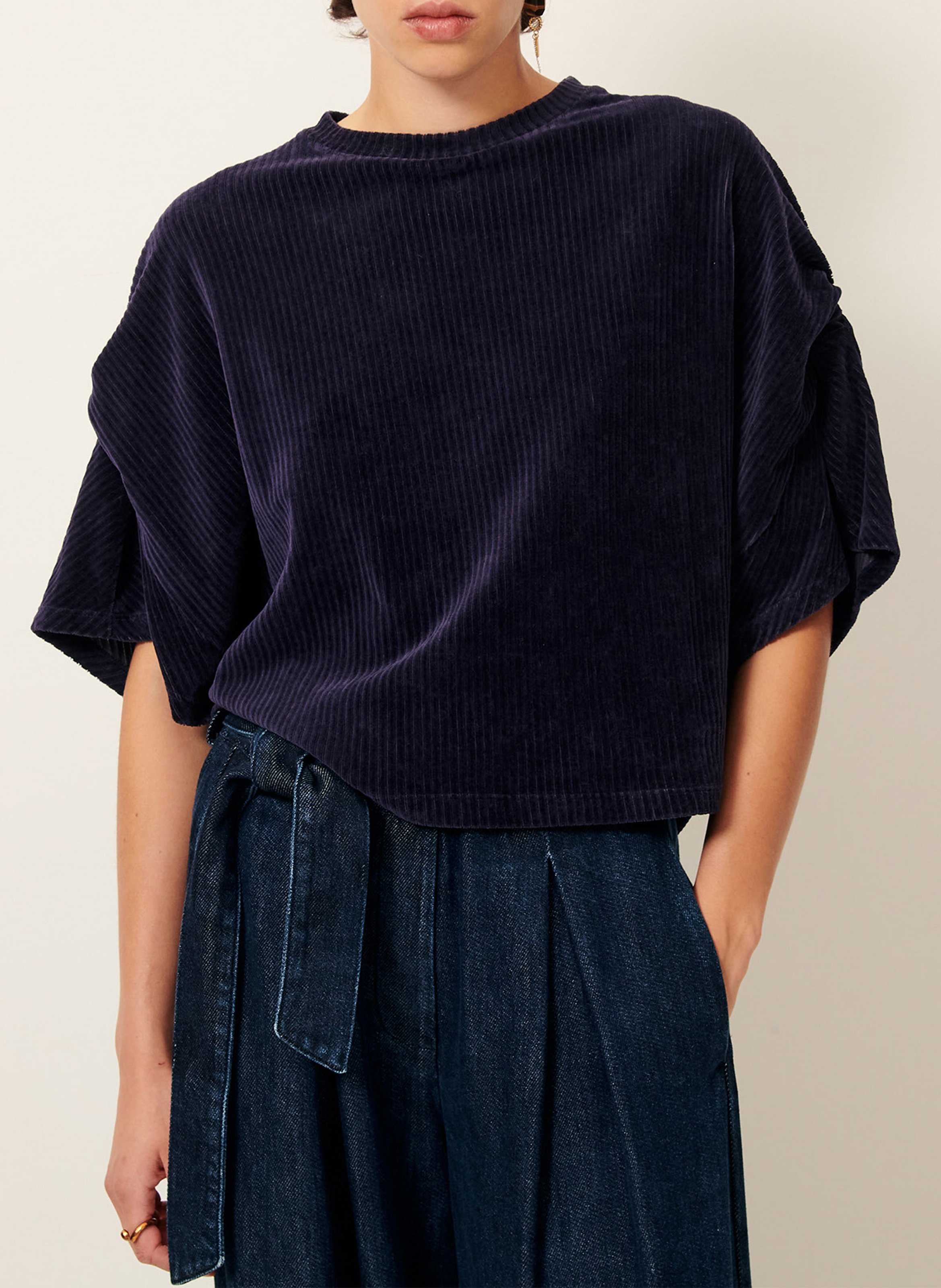 Top ample col rond en coton mélangé SESSUN Bleu