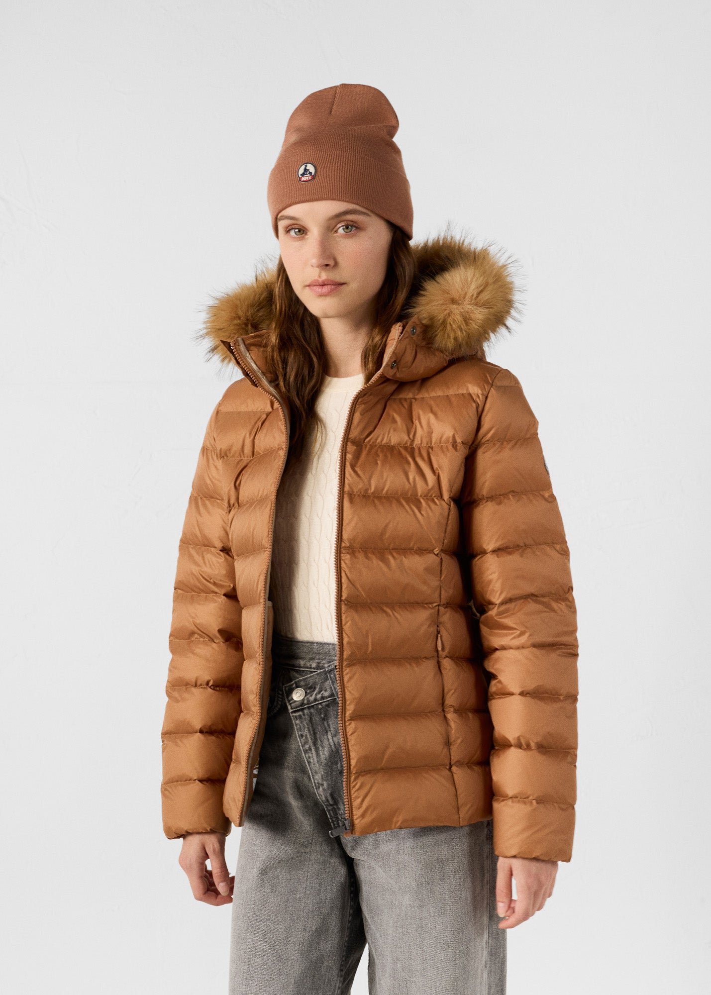 Luxury cold weather hooded puffer coat JOTT Brown
