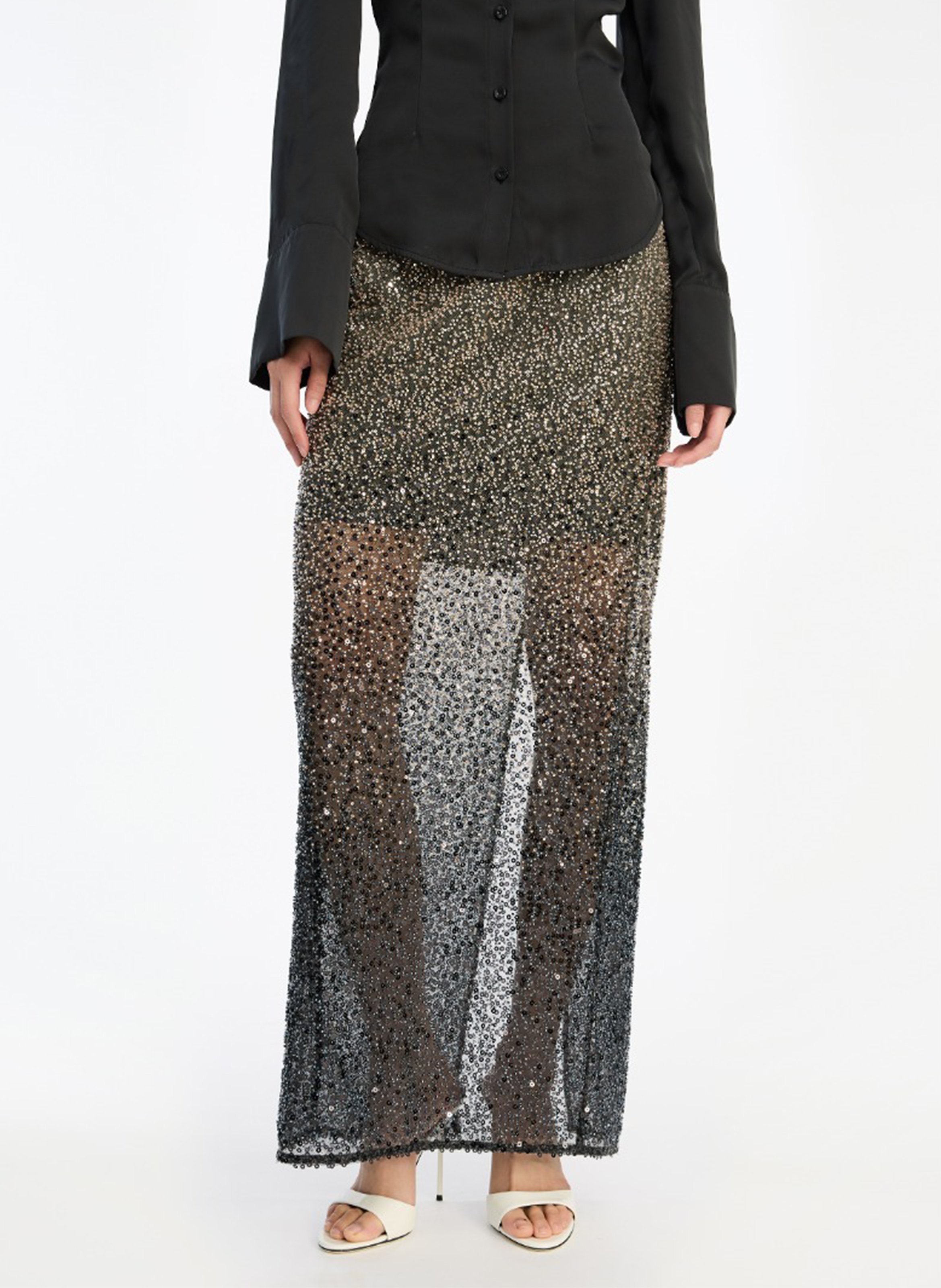 Jupe longue à sequins ROTATE Marron
