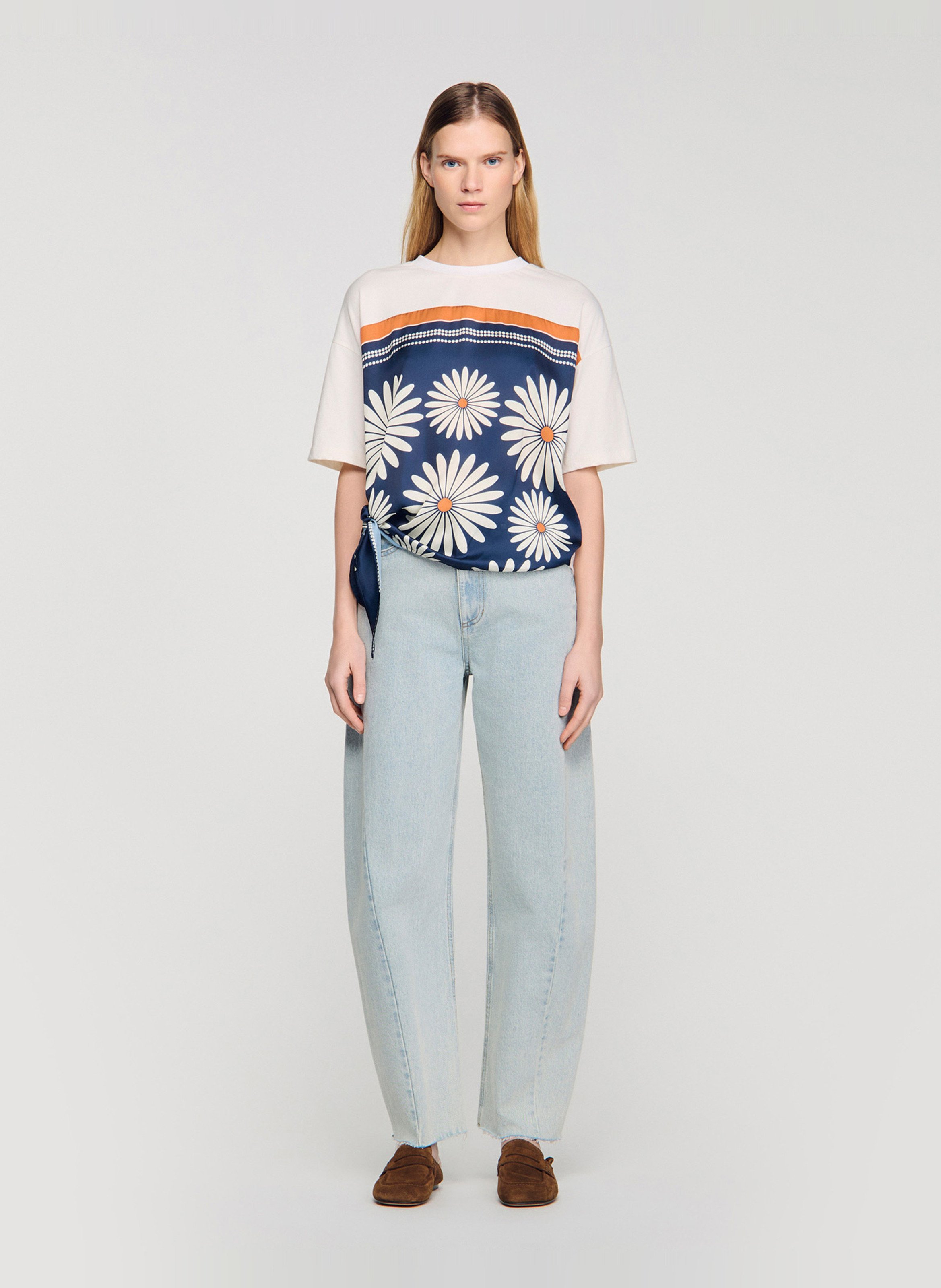 Oversized, katoenen T-shirt met ronde hals en print SANDRO Blauw
