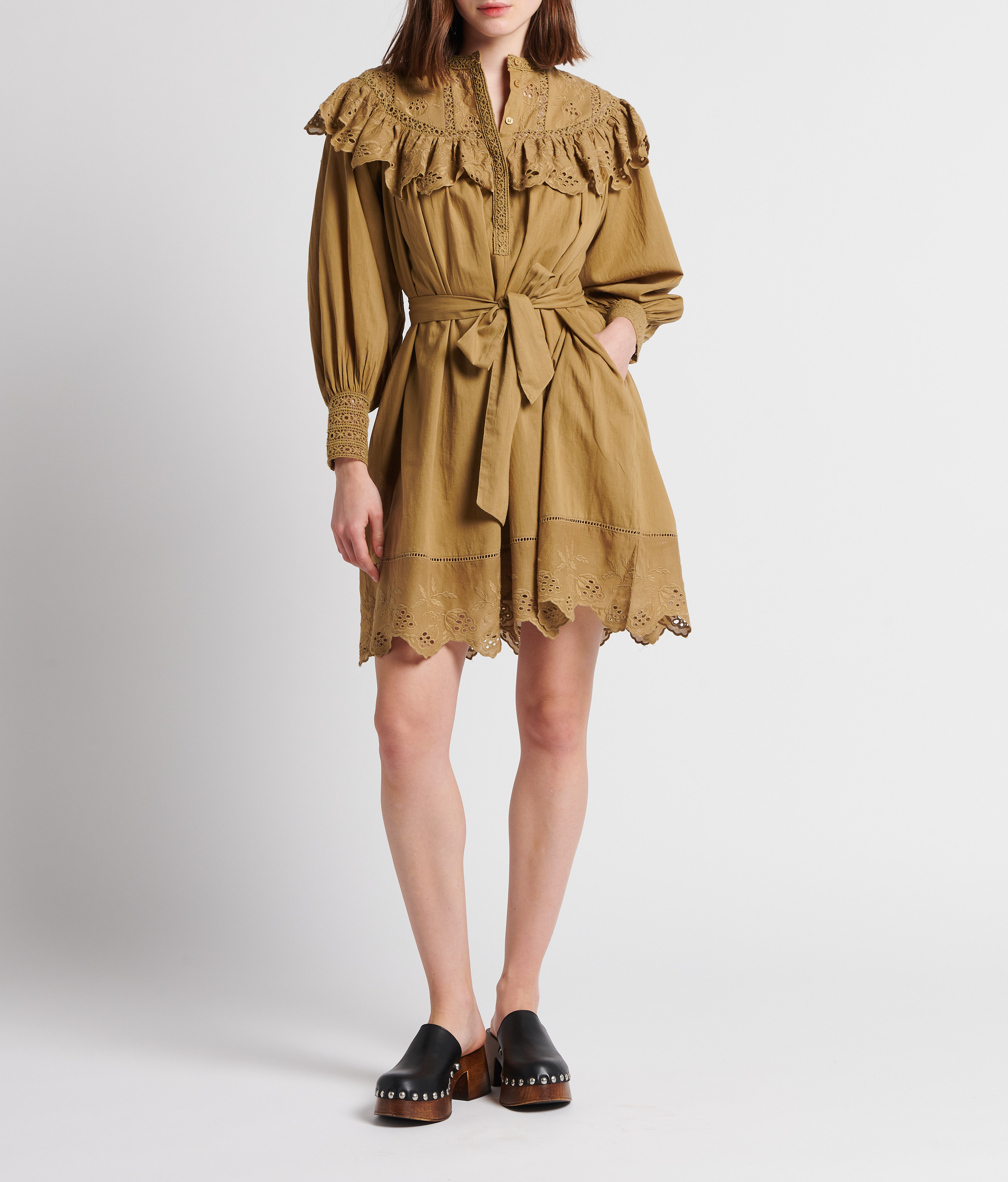 Robe courte col rond en voile de coton BELLEPIECE Kaki