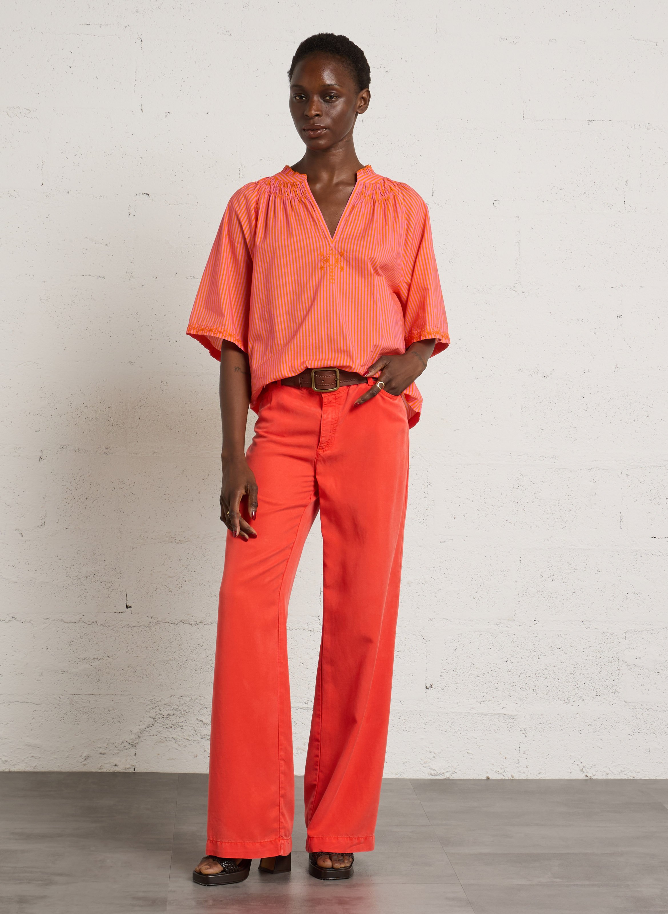 Blouse met V-hals in gestreept katoen MAISON 123 Oranje