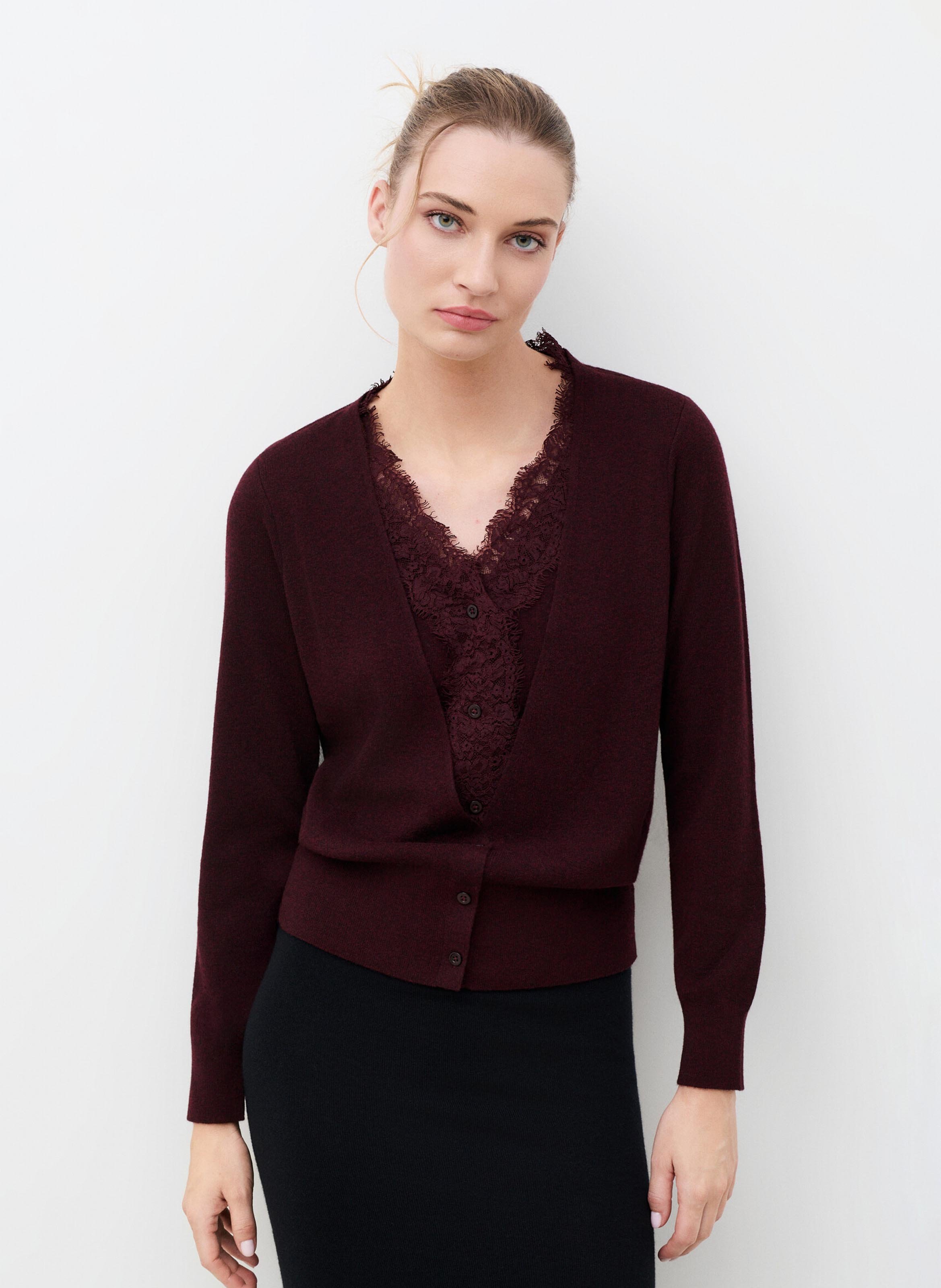 V-neck lace wool blend vest CAROLL Plums