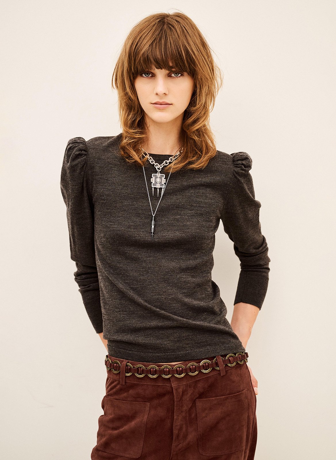 Pull droit uni en laine BA&SH Marron