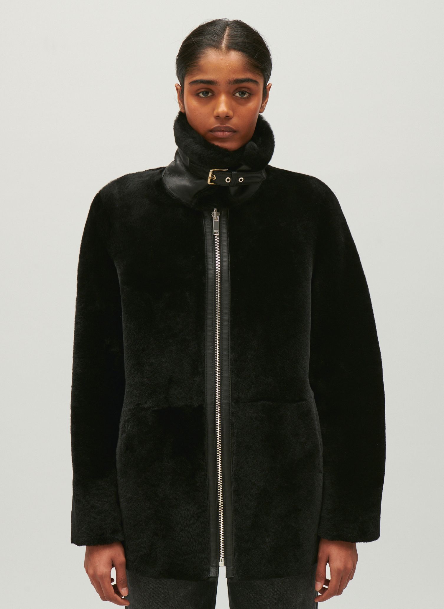 Leather Coat With Fur Shirt Collar Noir Claudie Pierlot Women