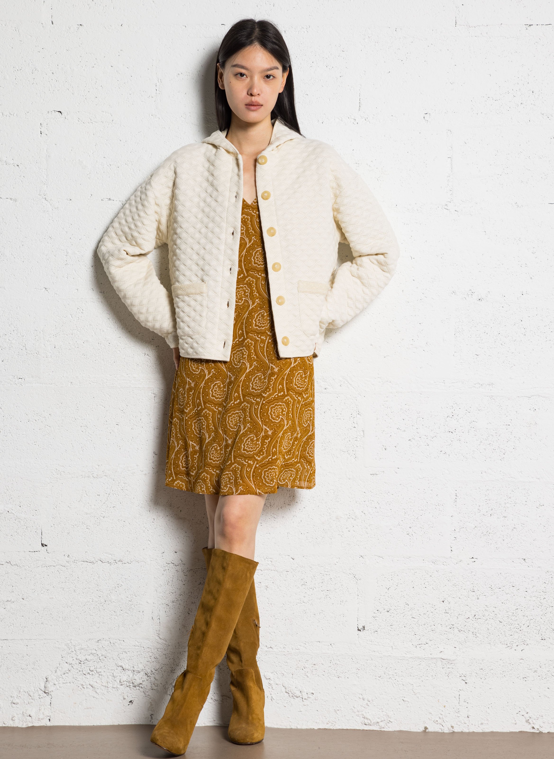 Straight-cut cotton hooded cardigan ONE STEP White