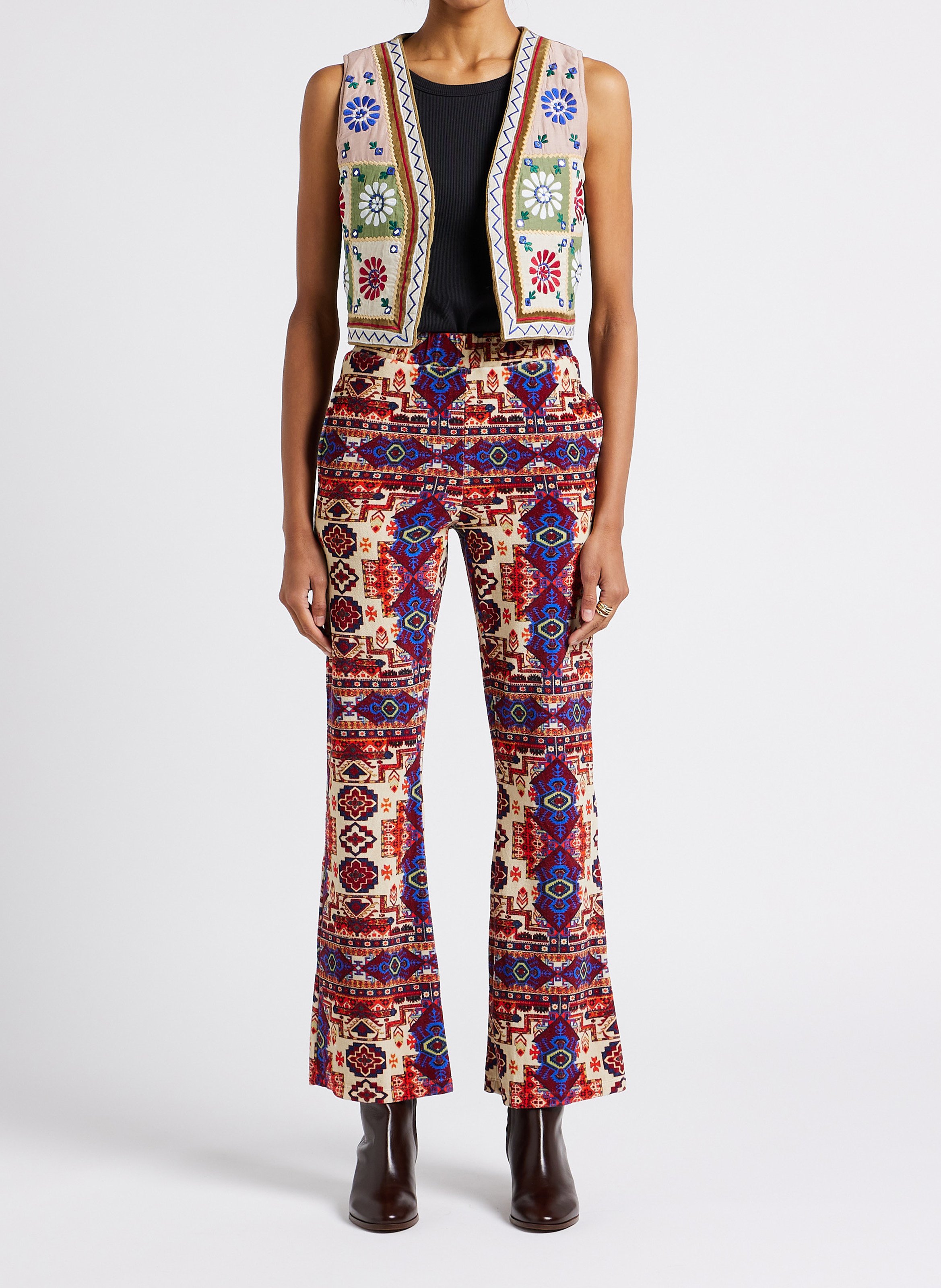 Pantalon taille haute à motif aztèque en coton V DE VINSTER Rouge