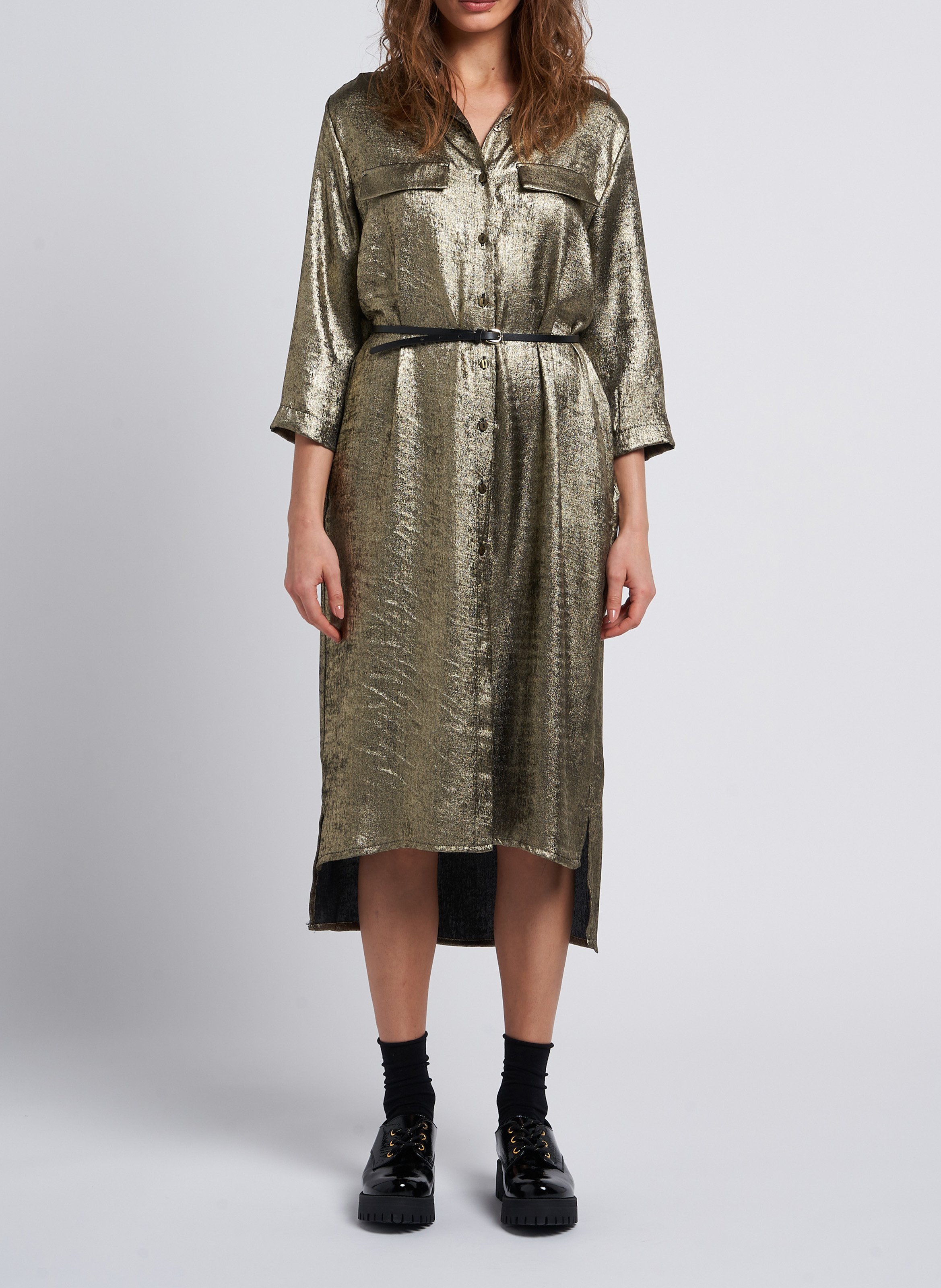 Halflange jurk met klassieke kraag en glanzend effect PLEASE Groen