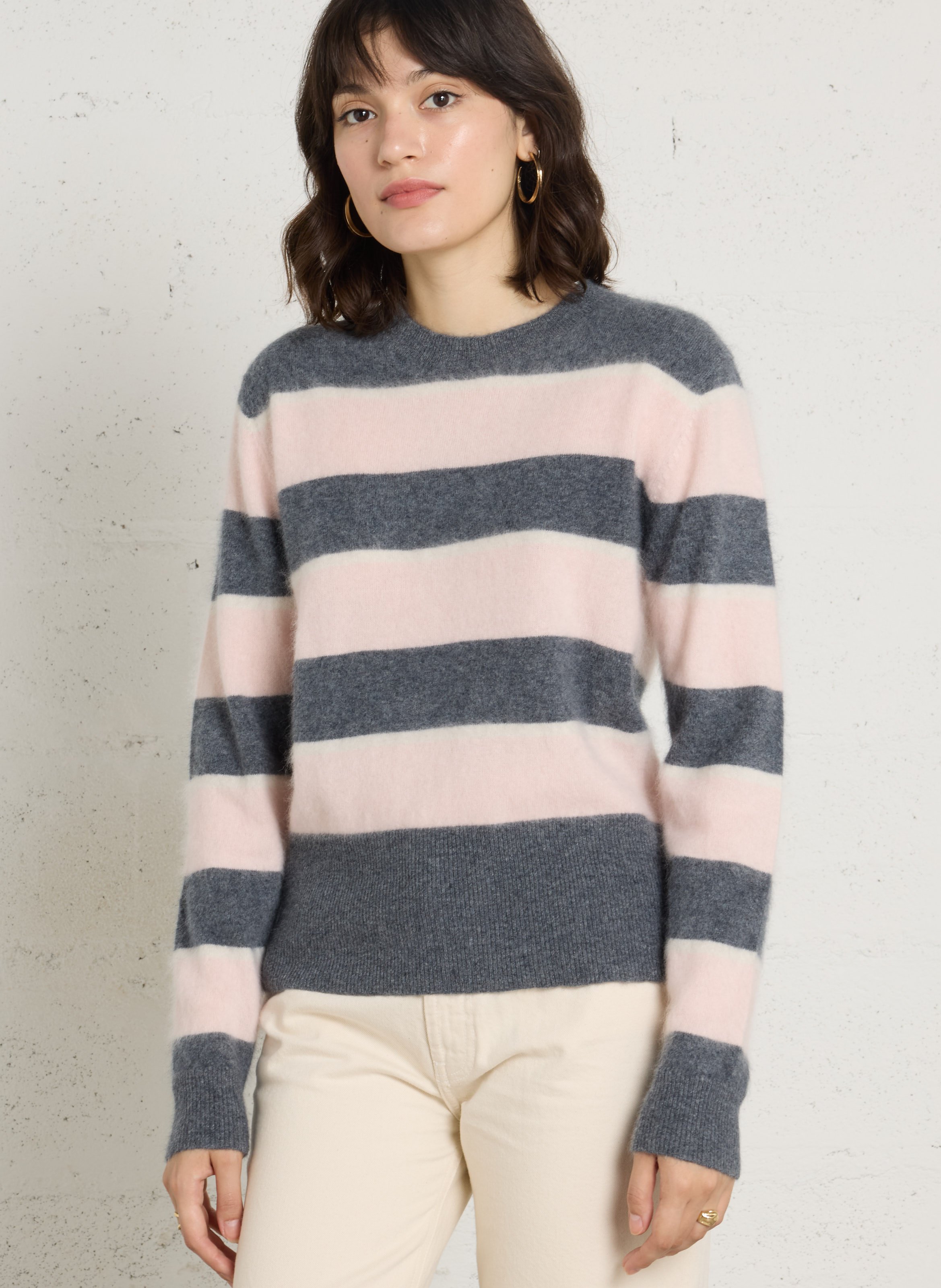 Pull droit col rond rayé en laine BERENICE Rose