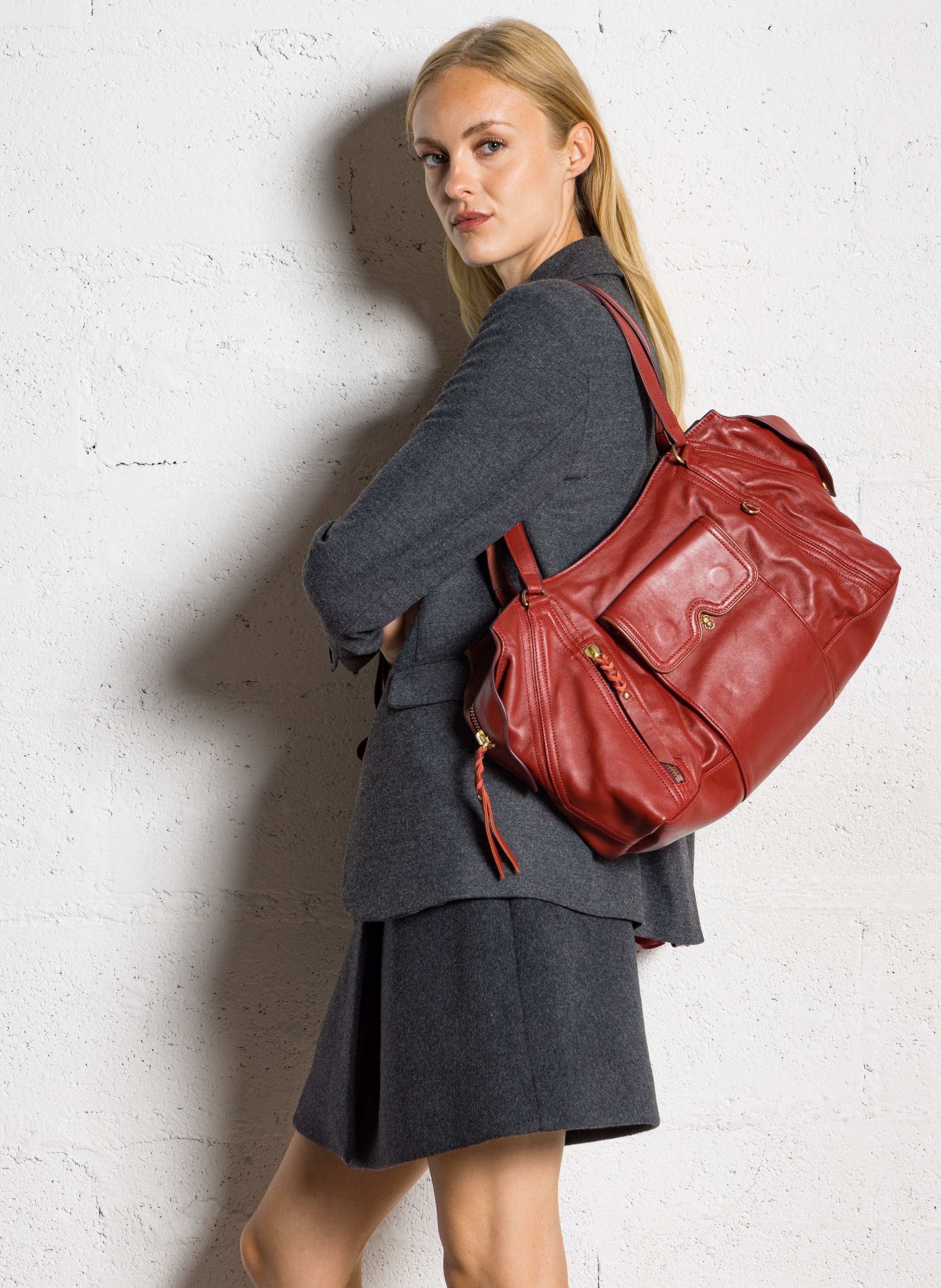 Sac porté épaule en cuir mélangé CLARIS VIROT Rouge