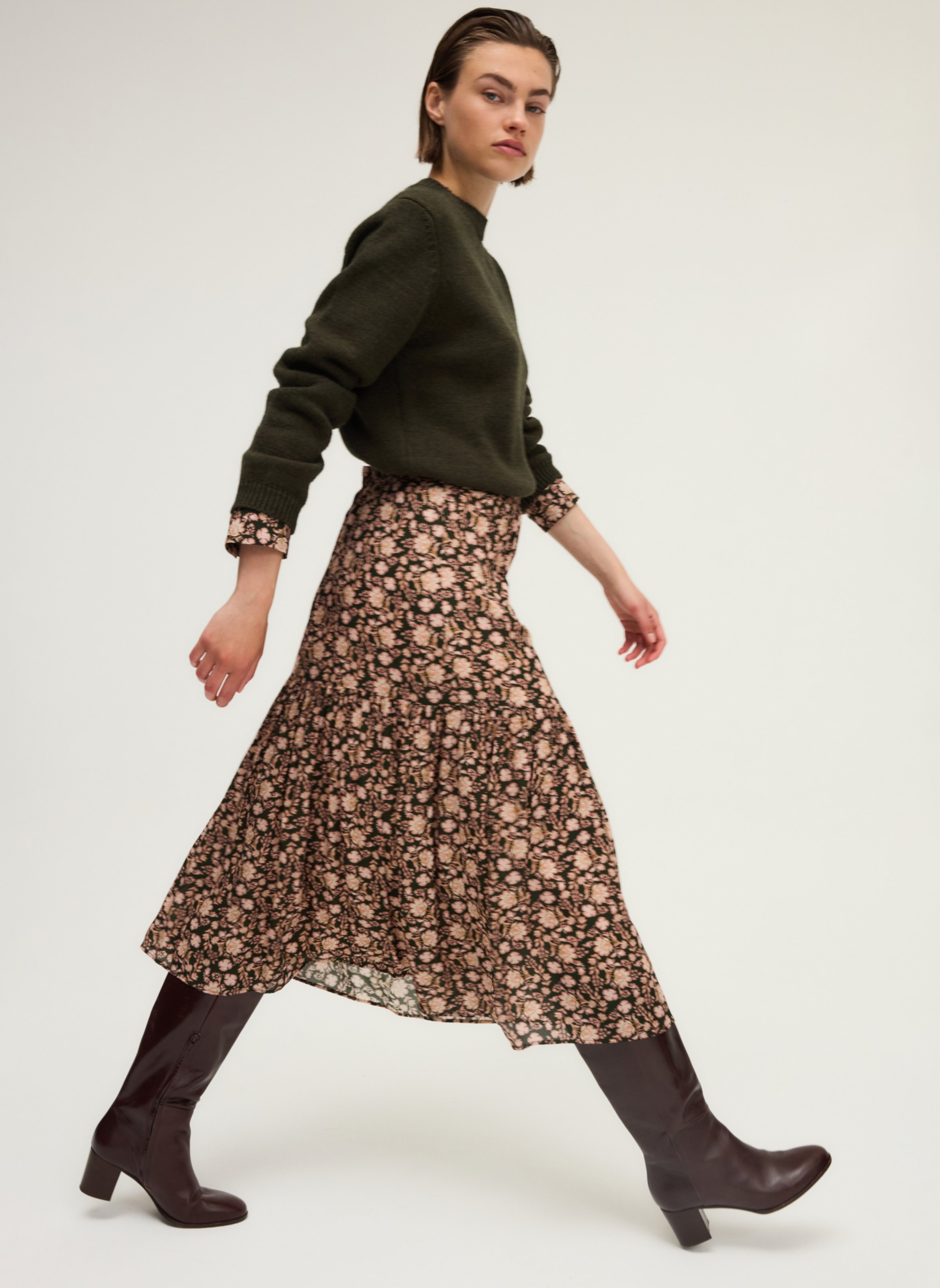 Midi skirt with botanical print PABLO Khaki