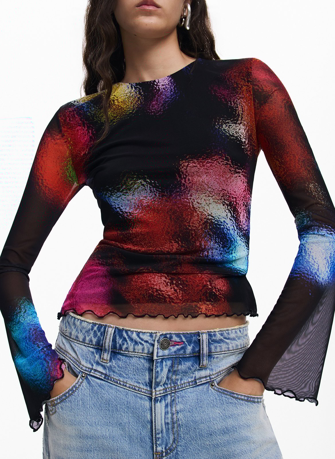 Top stampato a maniche a sbuffo DESIGUAL Nero