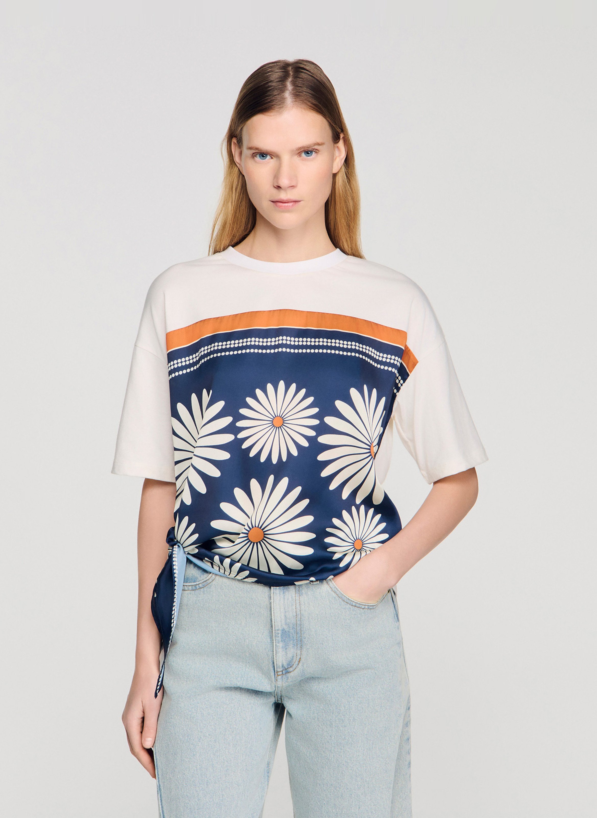 Oversized, katoenen T-shirt met ronde hals en print SANDRO Blauw