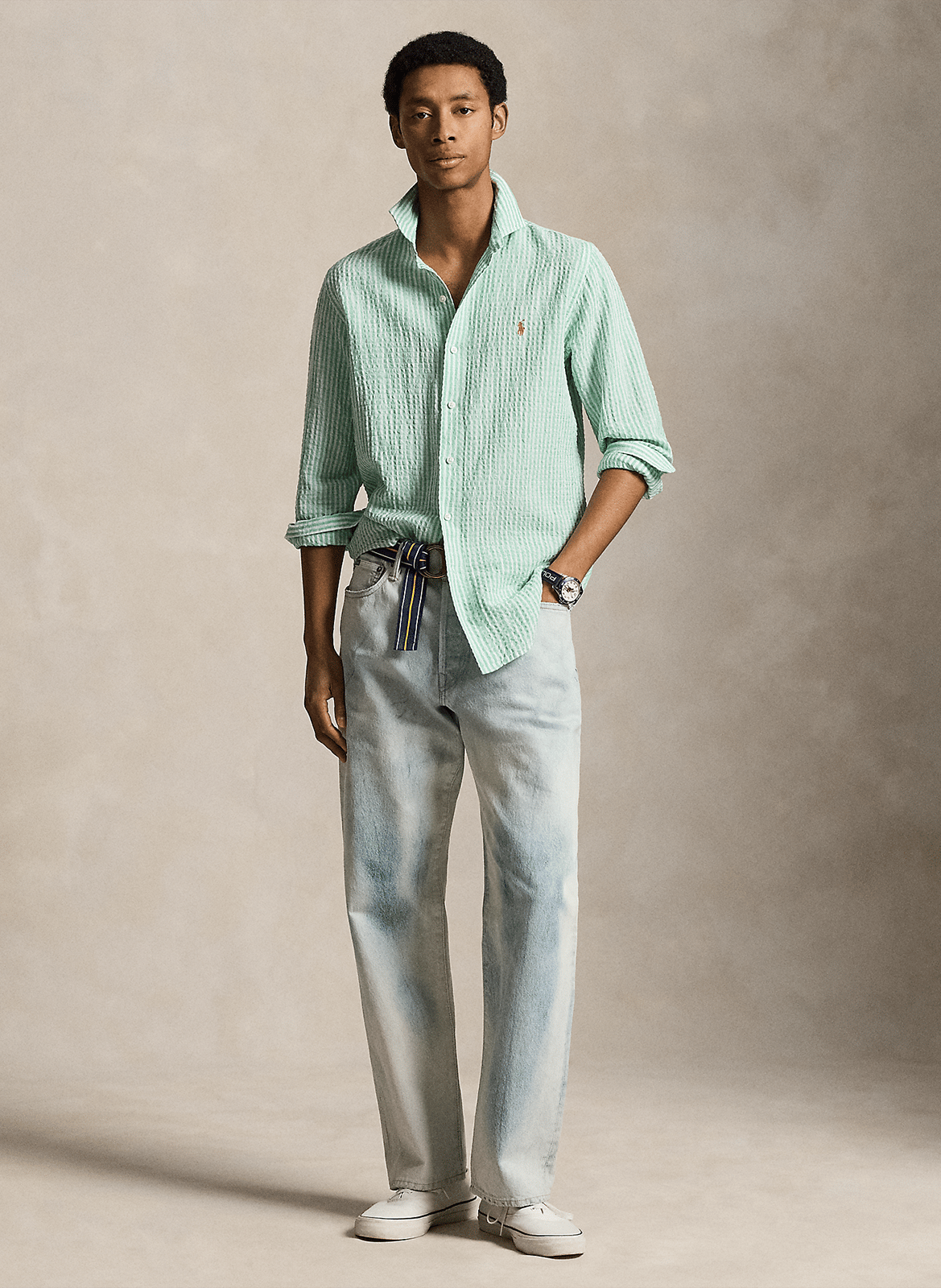 Straight classic collar shirt in striped linen and cotton POLO RALPH LAUREN Green