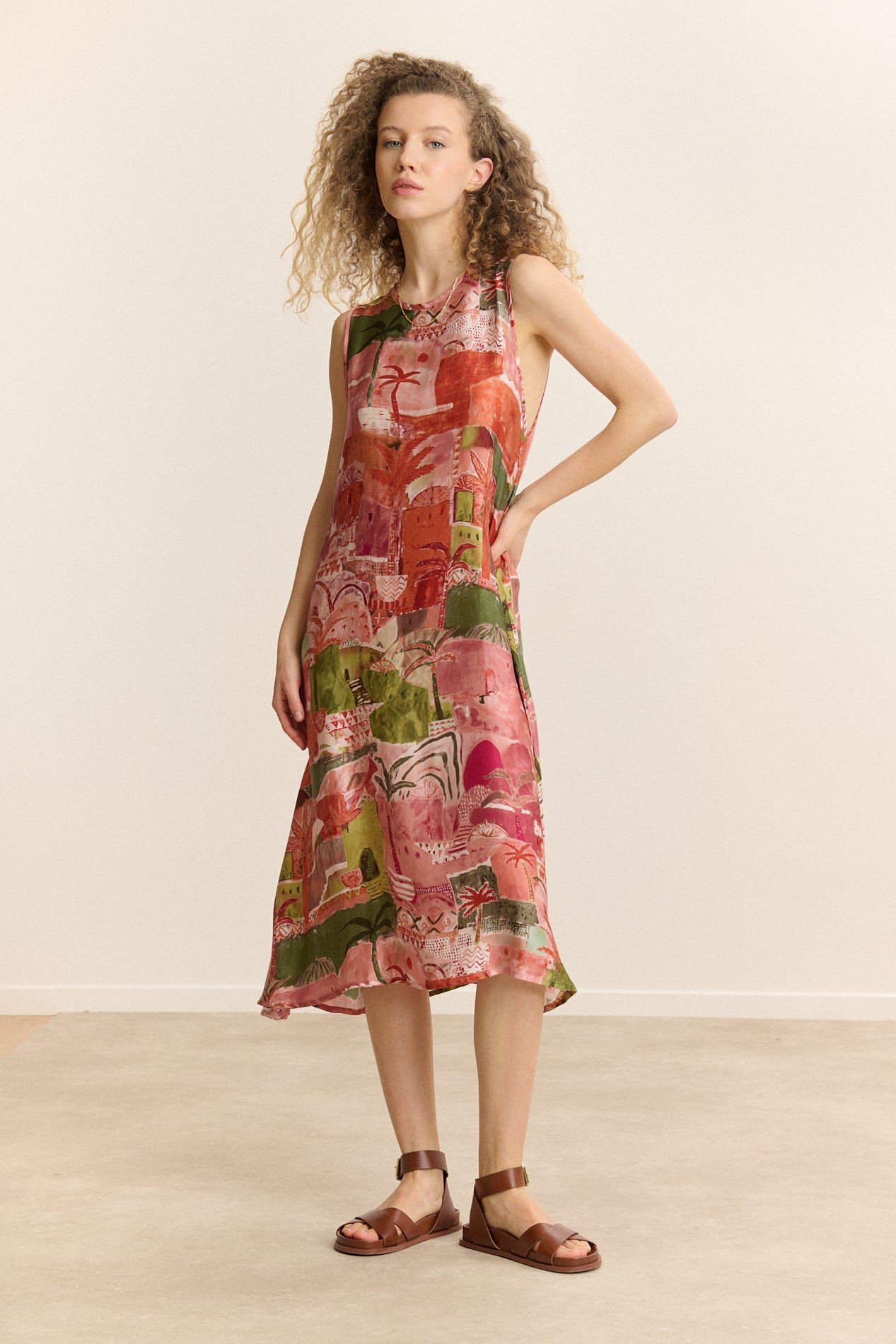 Robe midi sans manches imprimée GARANCE PARIS Rose