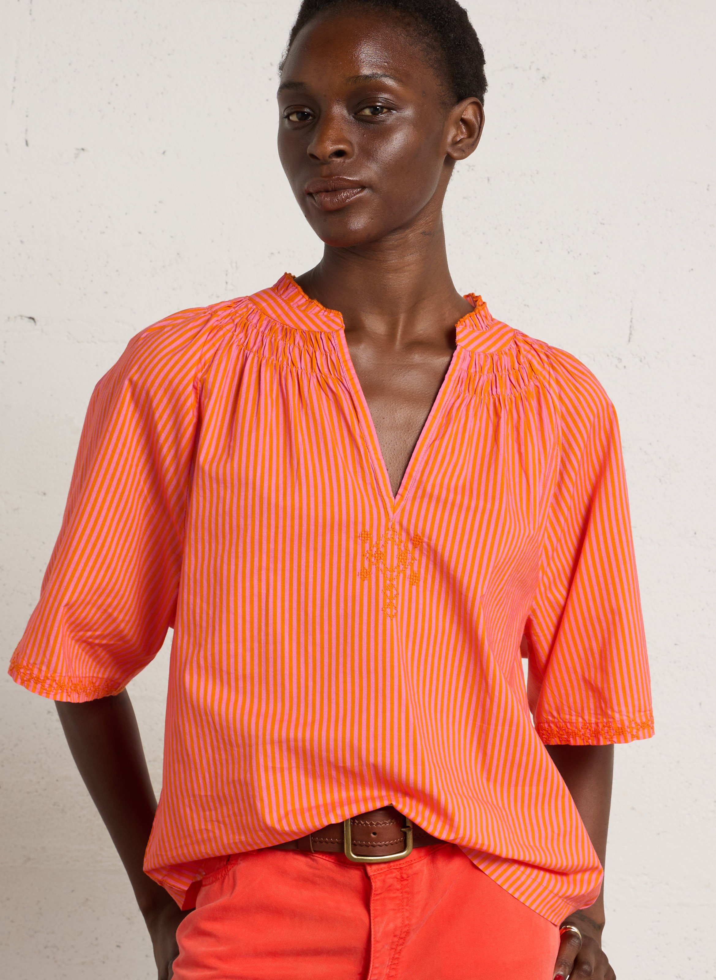 Blouse met V-hals in gestreept katoen MAISON 123 Oranje