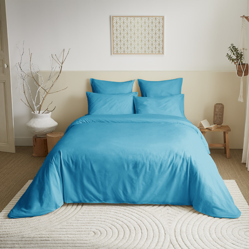 Complete set of 6 solid turquoise duvet cover pieces for a 180 x 200 cm "king size" bed COTON PUR Blue