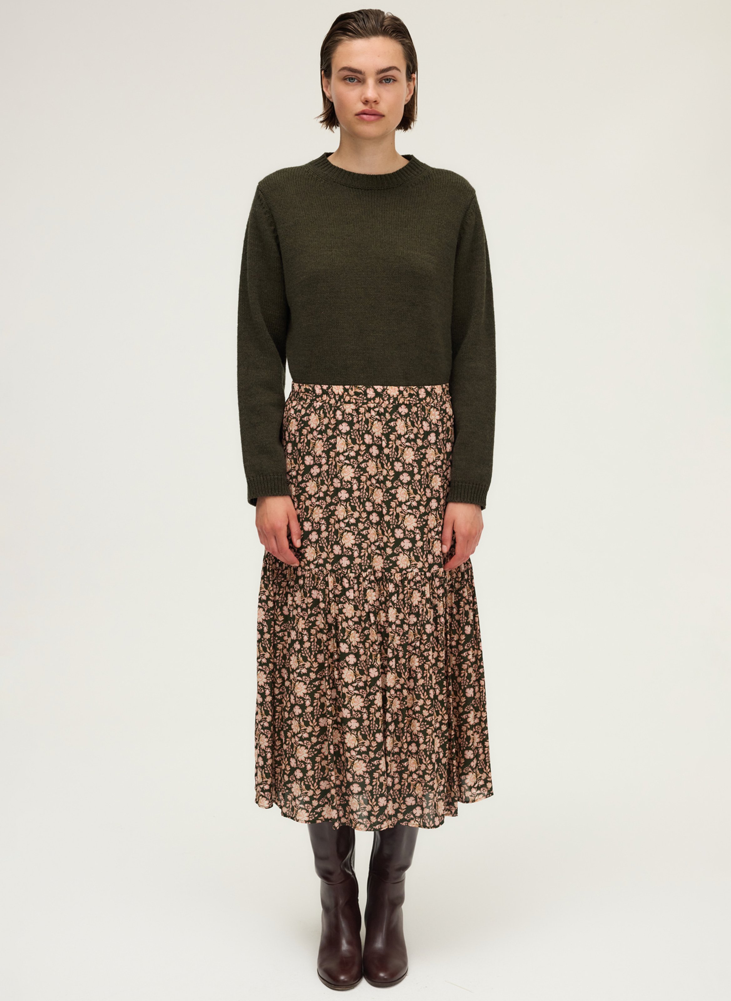 Midi skirt with botanical print PABLO Khaki