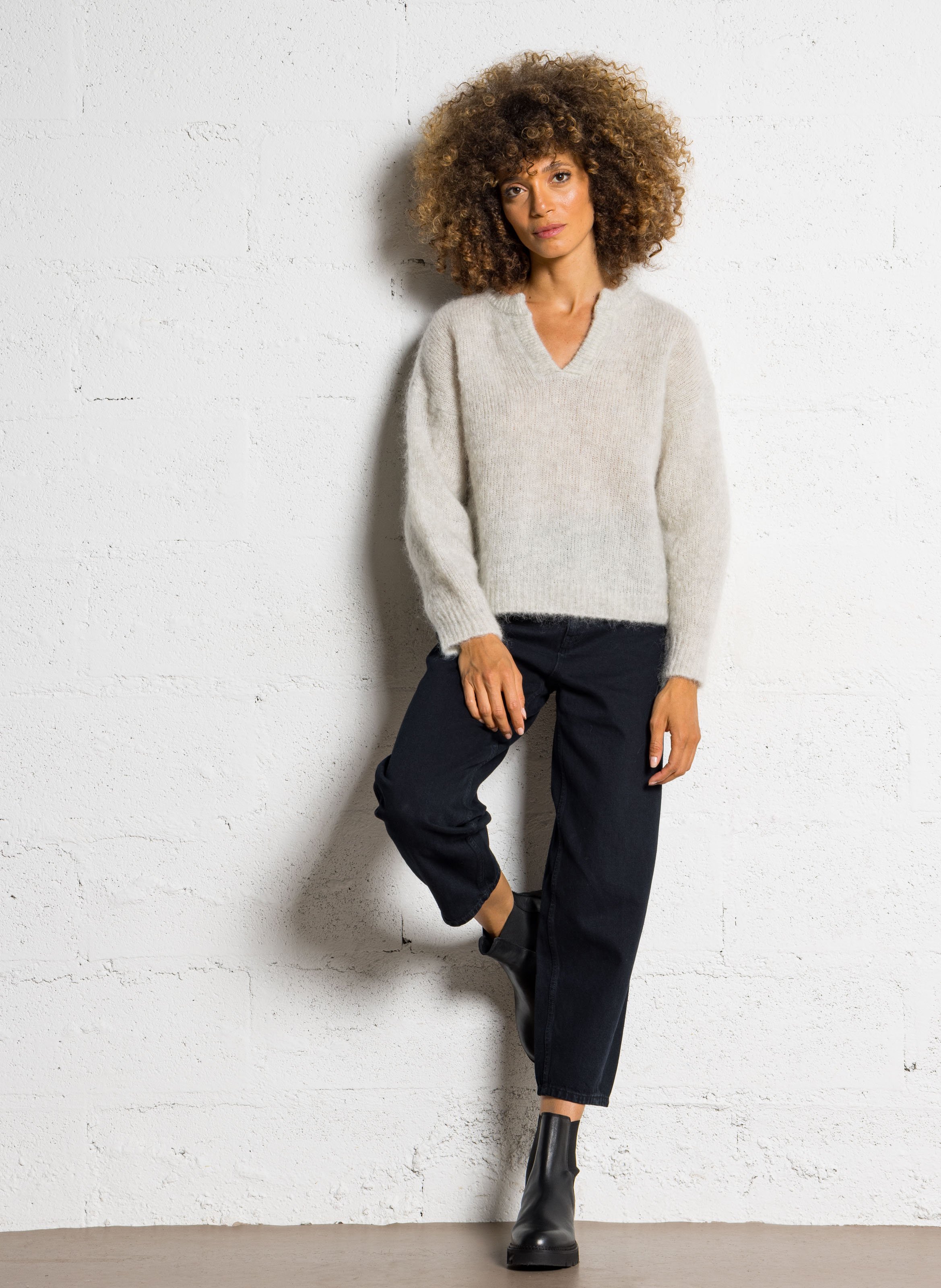 Pull ample col tunisien uni en laine mélangée DES PETITS HAUTS Gris