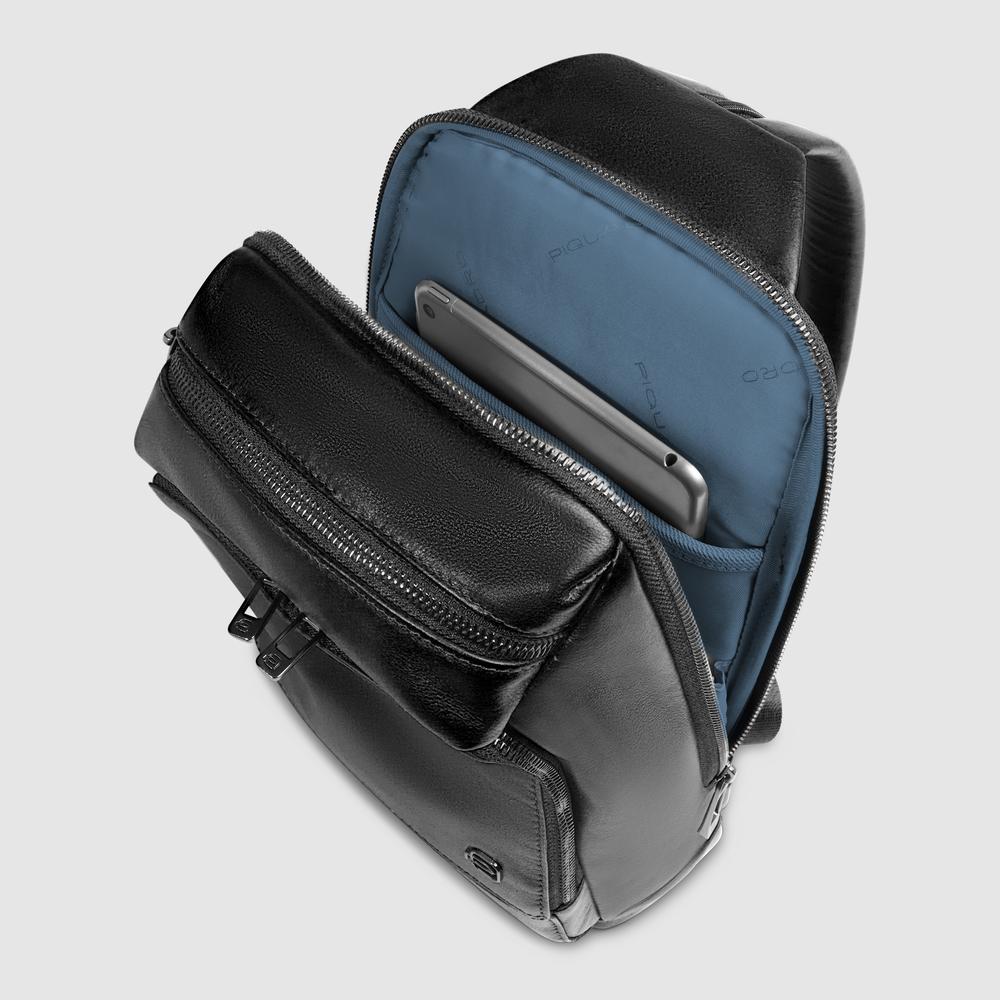 Customizable leather chest bag for iPad® with RFID protection, convertible into a backpack PIQUADRO Black