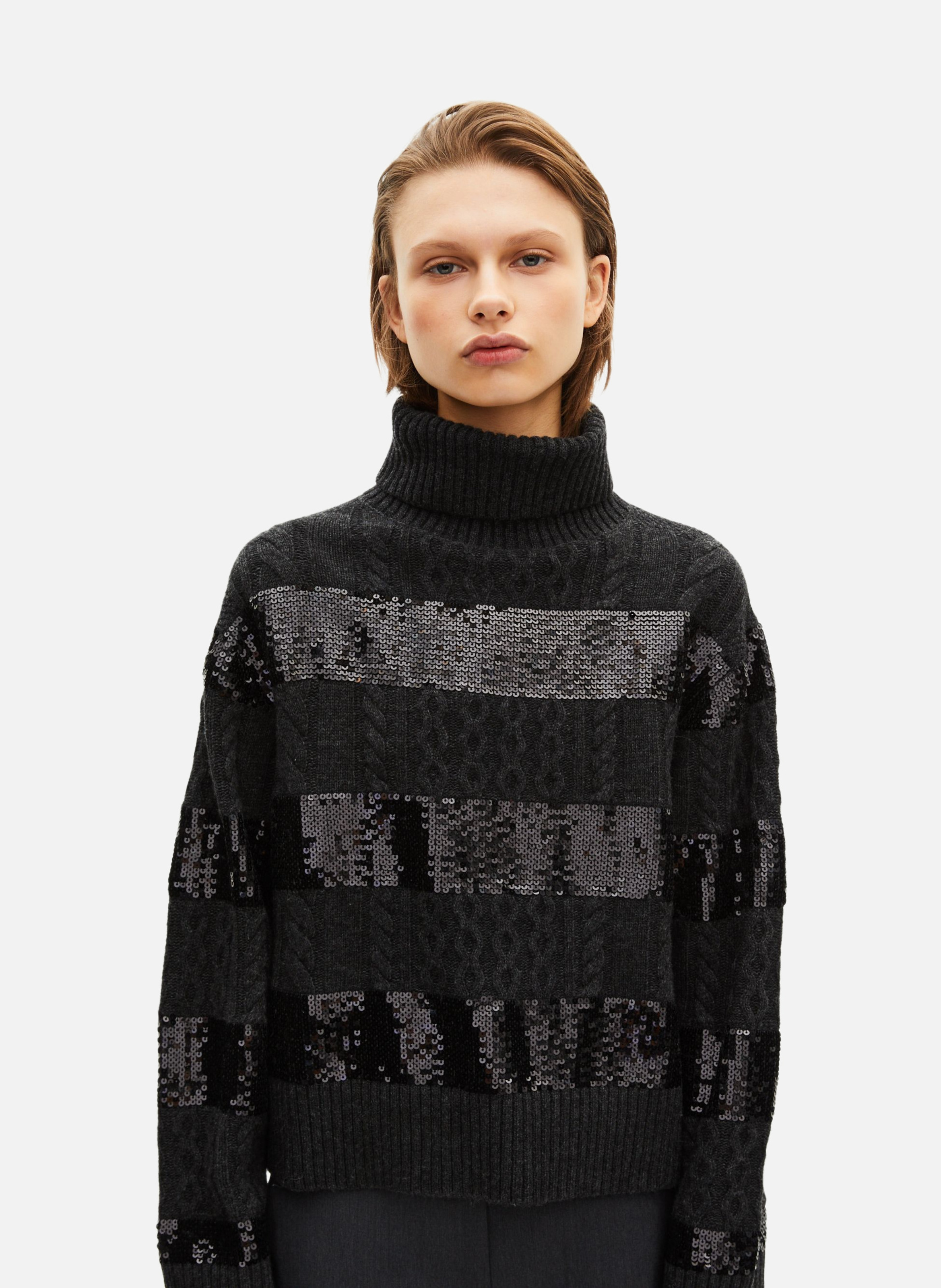 Turtleneck sweater with sequin stripes THE KOOPLES Black