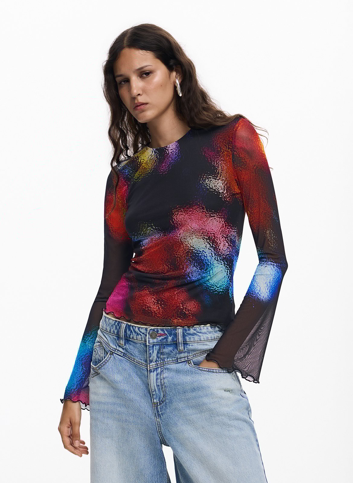 Top stampato a maniche a sbuffo DESIGUAL Nero