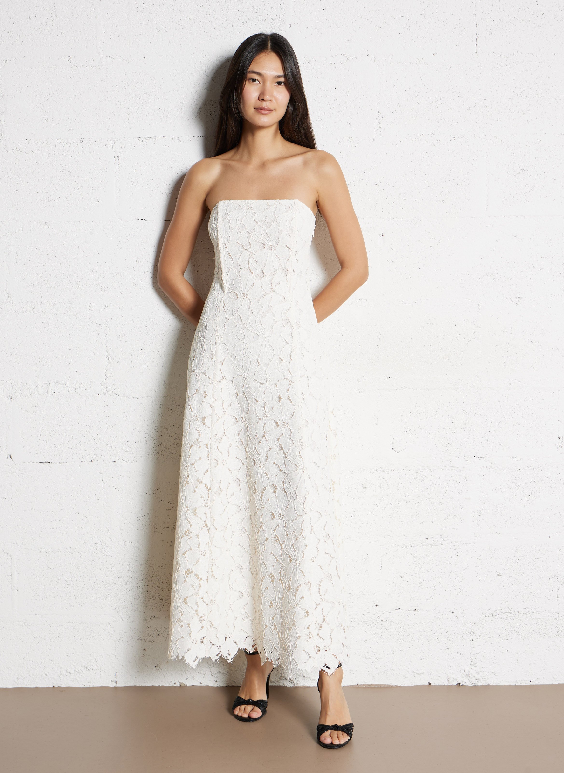 Strapless uitlopende kanten jurk IKKS Wit