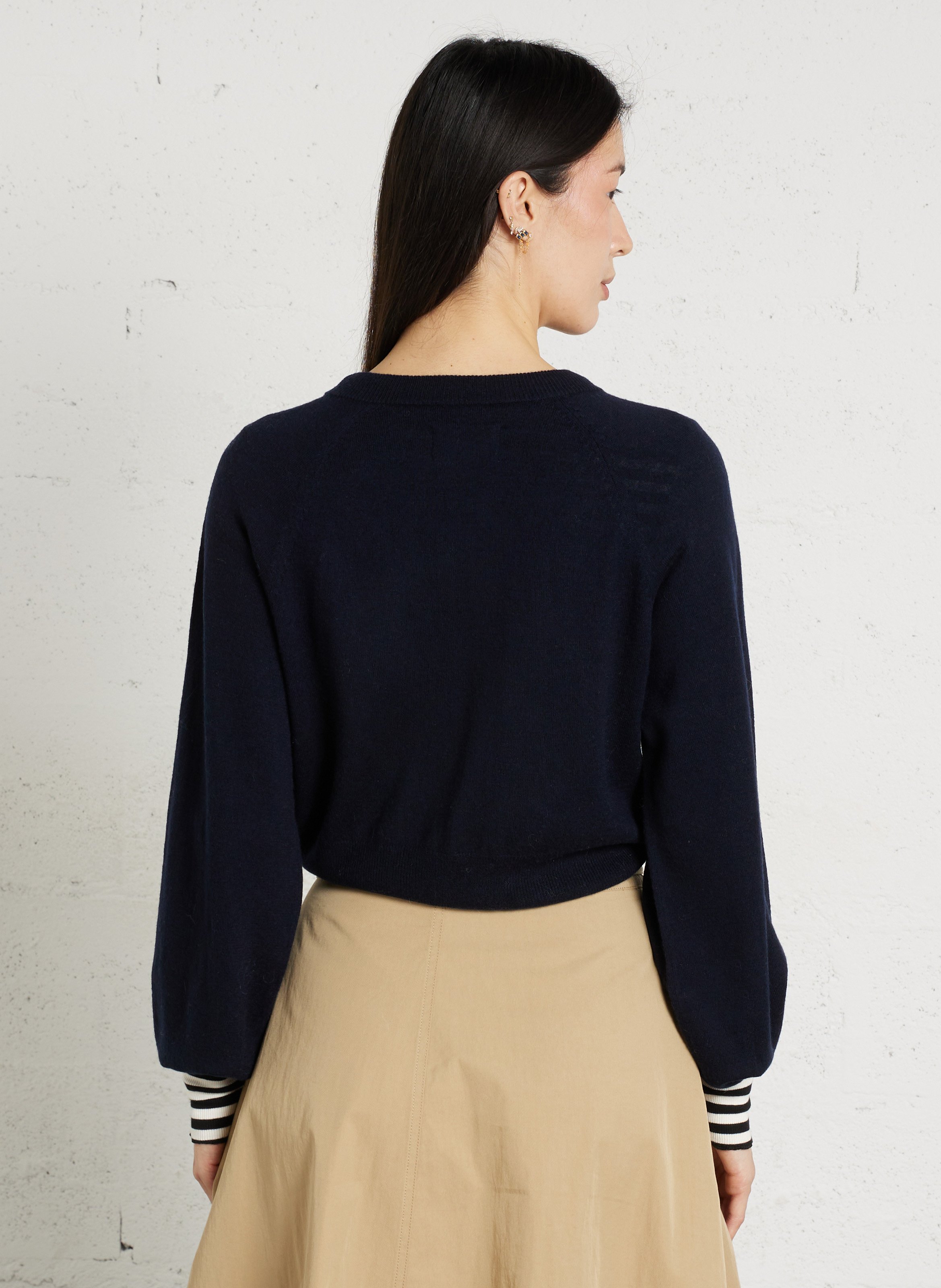 Straight round-neck merino wool cardigan DES PETITS HAUTS Blue