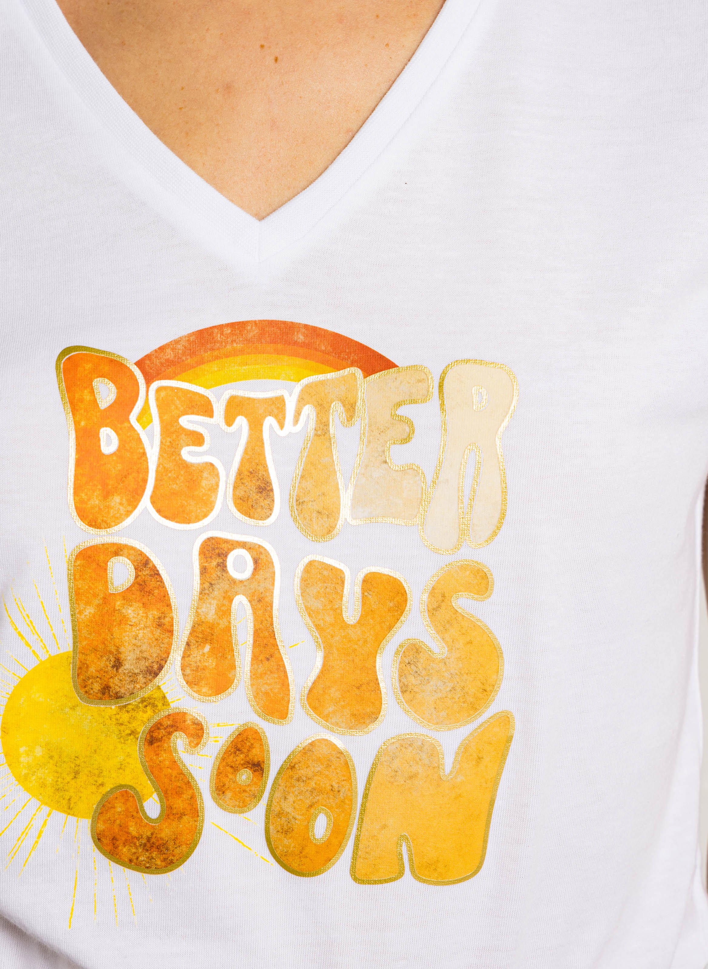 Tee-shirt col V sérigraphié PLEASE Blanc