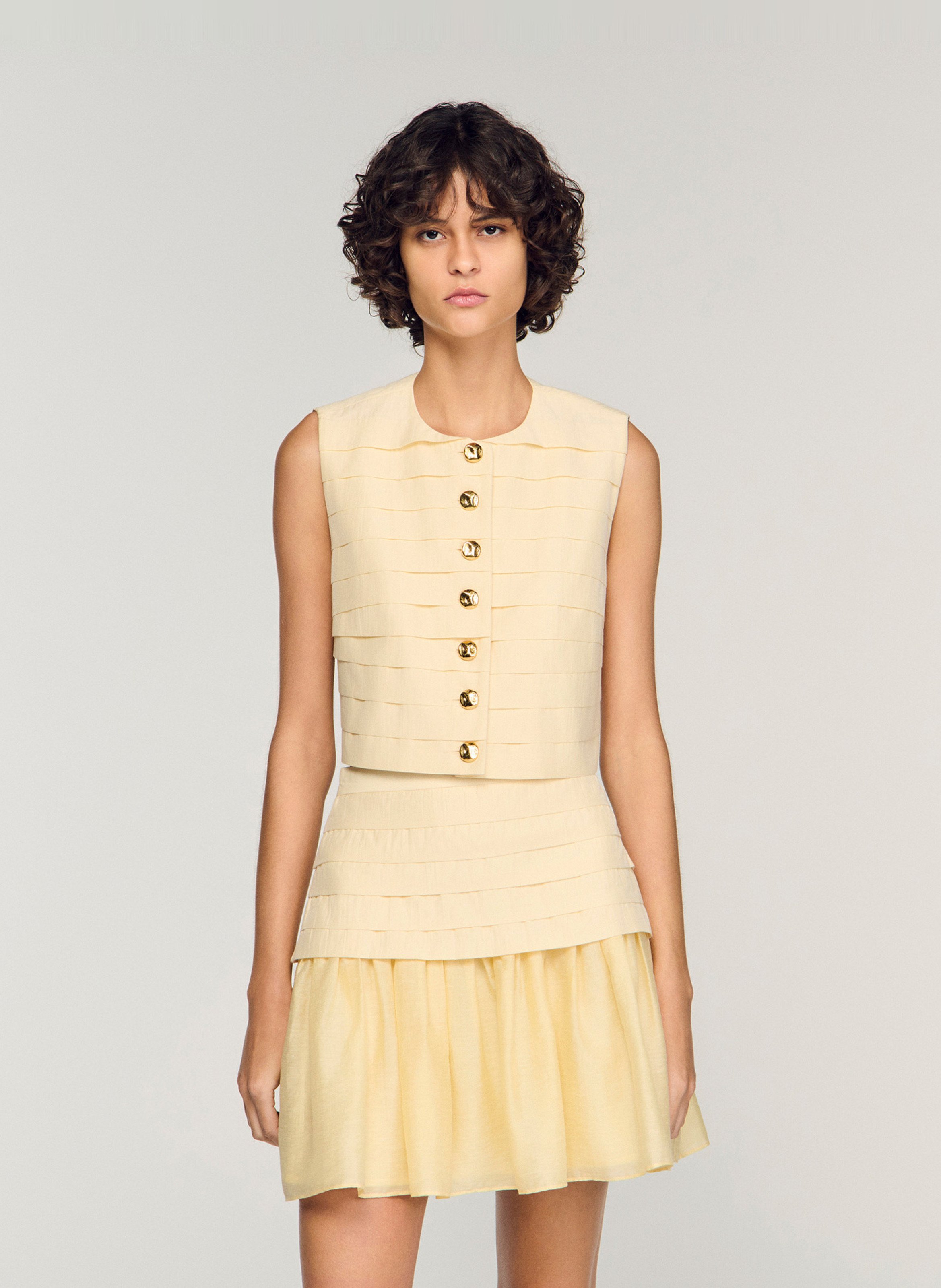 Gilet droit col rond en coton mélangé SANDRO Beige