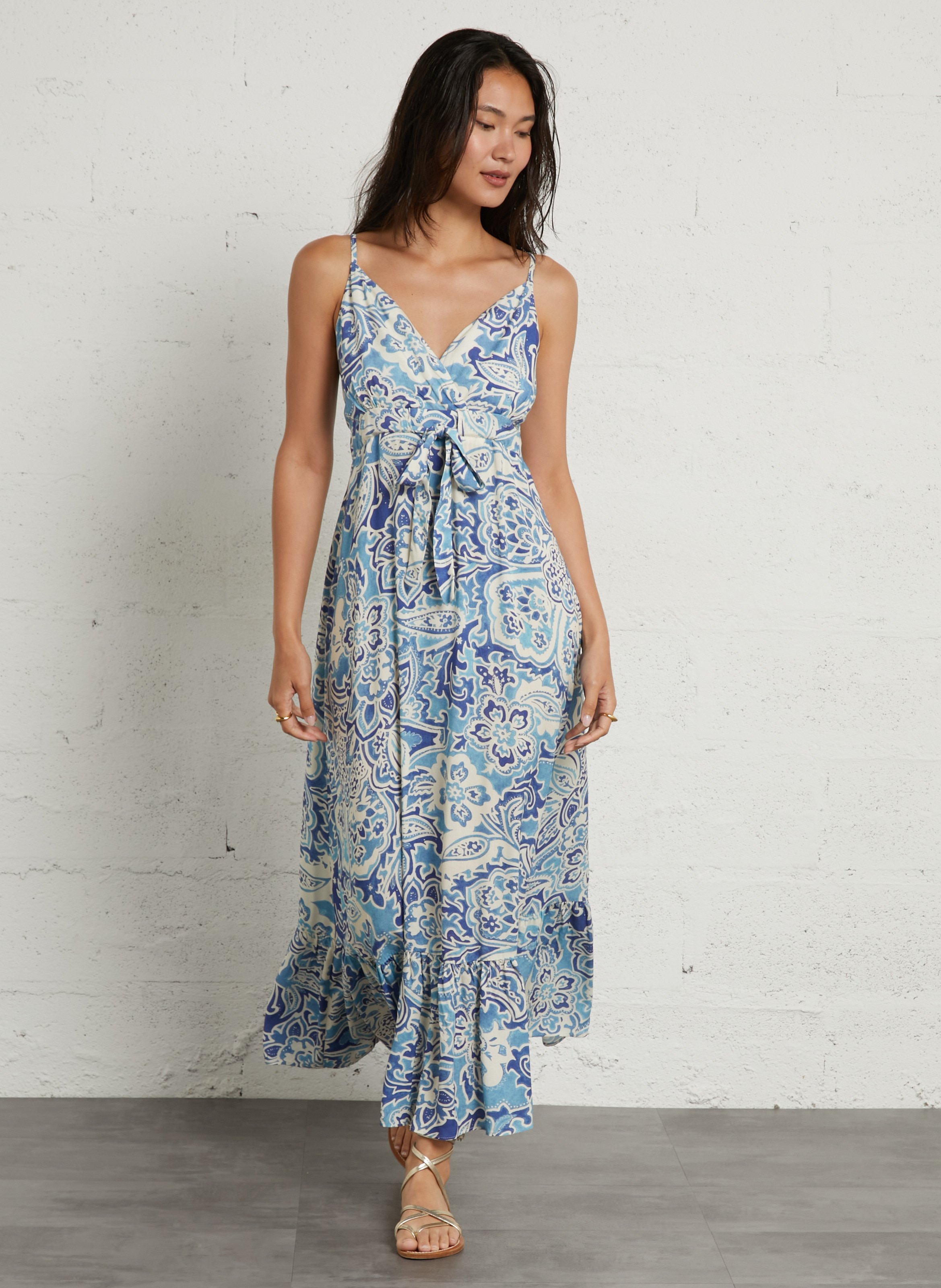 robe longue col V  SUD EXPRESS Bleu
