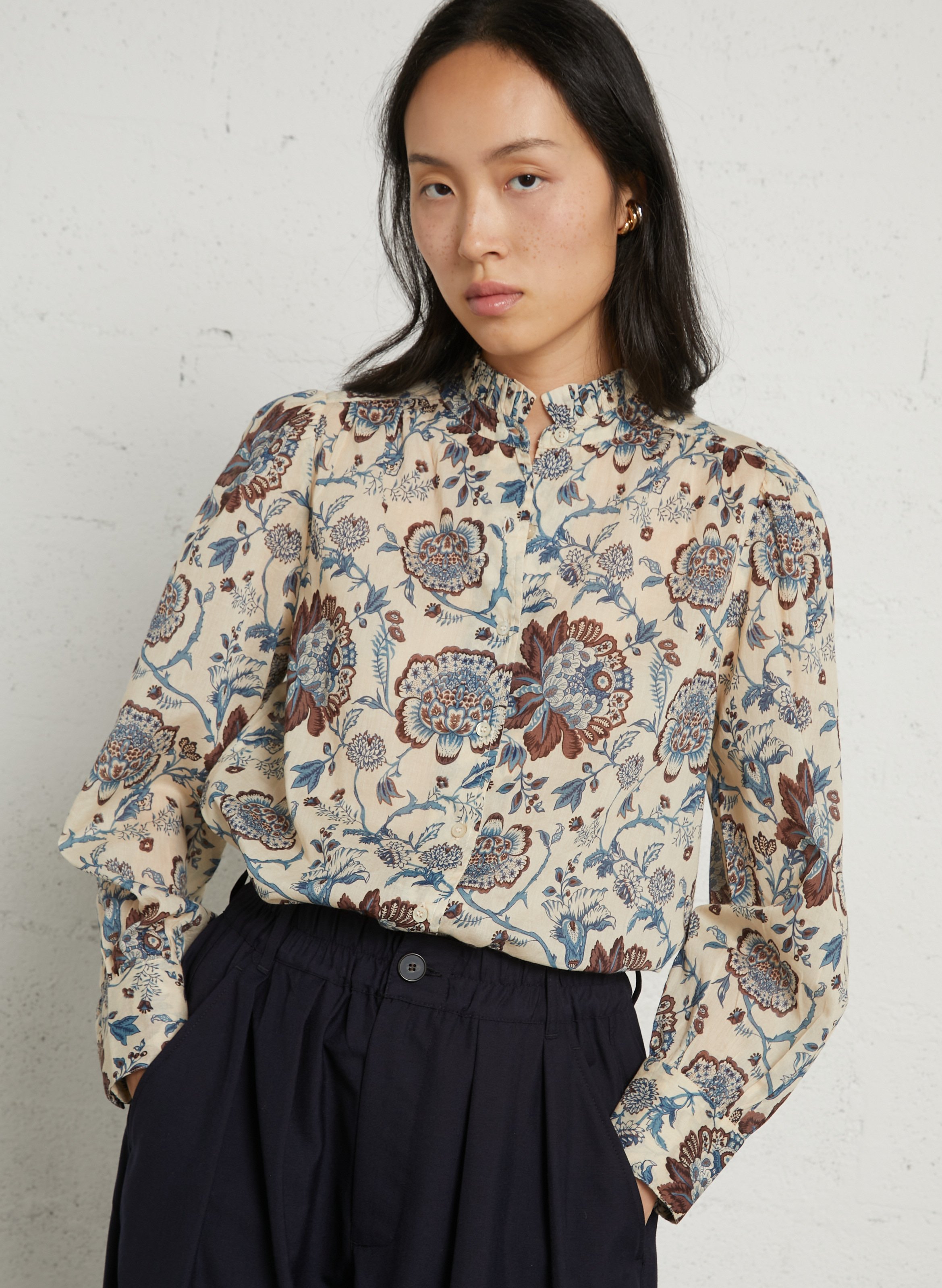 Chemise droite à col volants imprimée en coton PETITE MENDIGOTE Beige