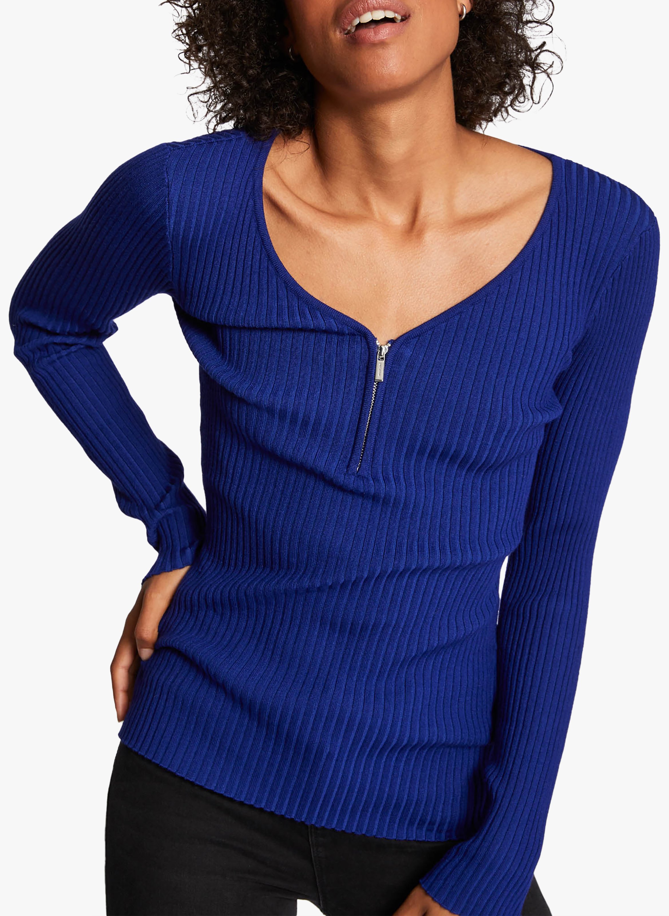Trui van ribtricot met V-hals en rits MORGAN Blauw