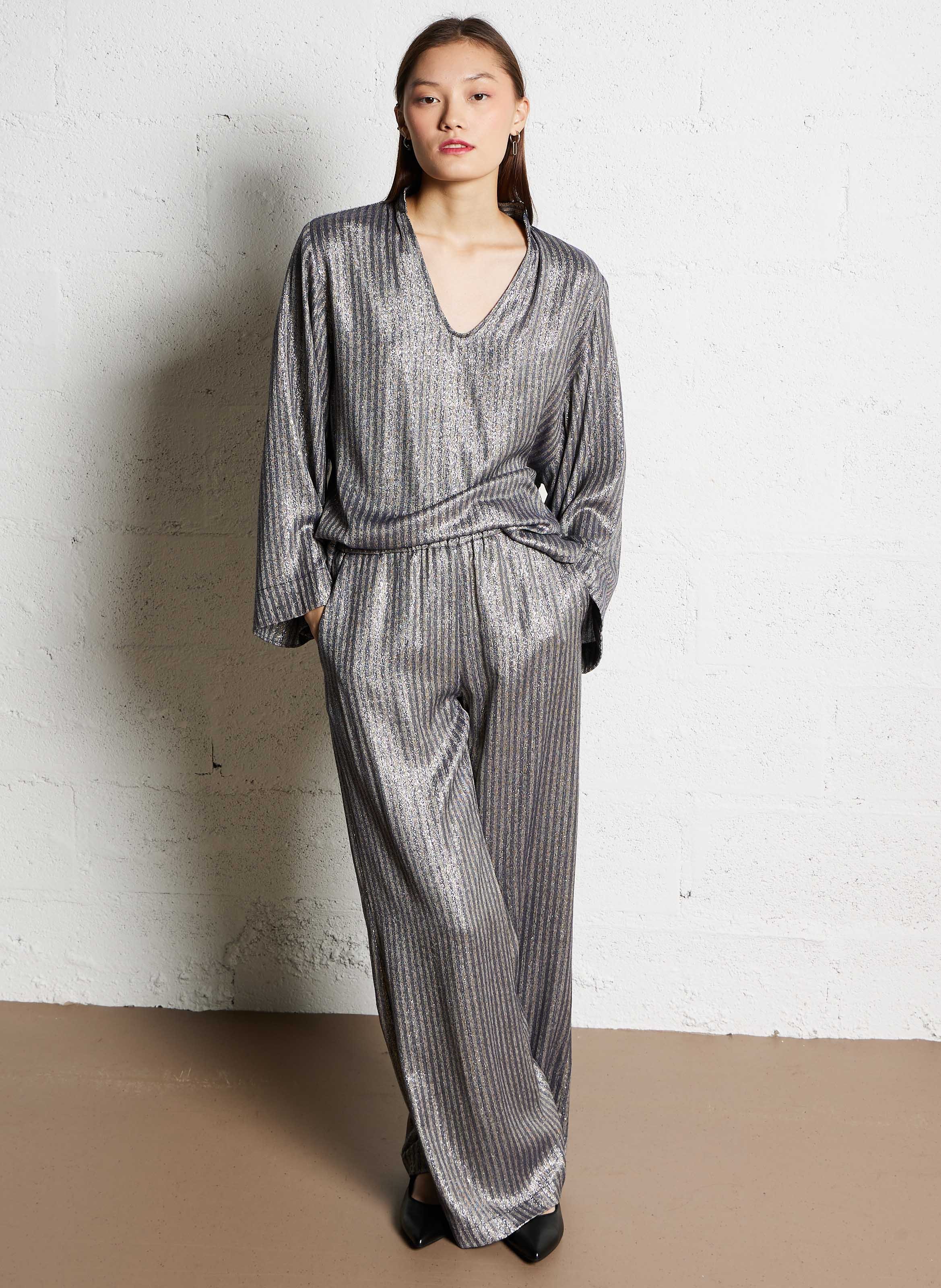 Oversized Long Sleeve Metallic Top DIEGA Beige