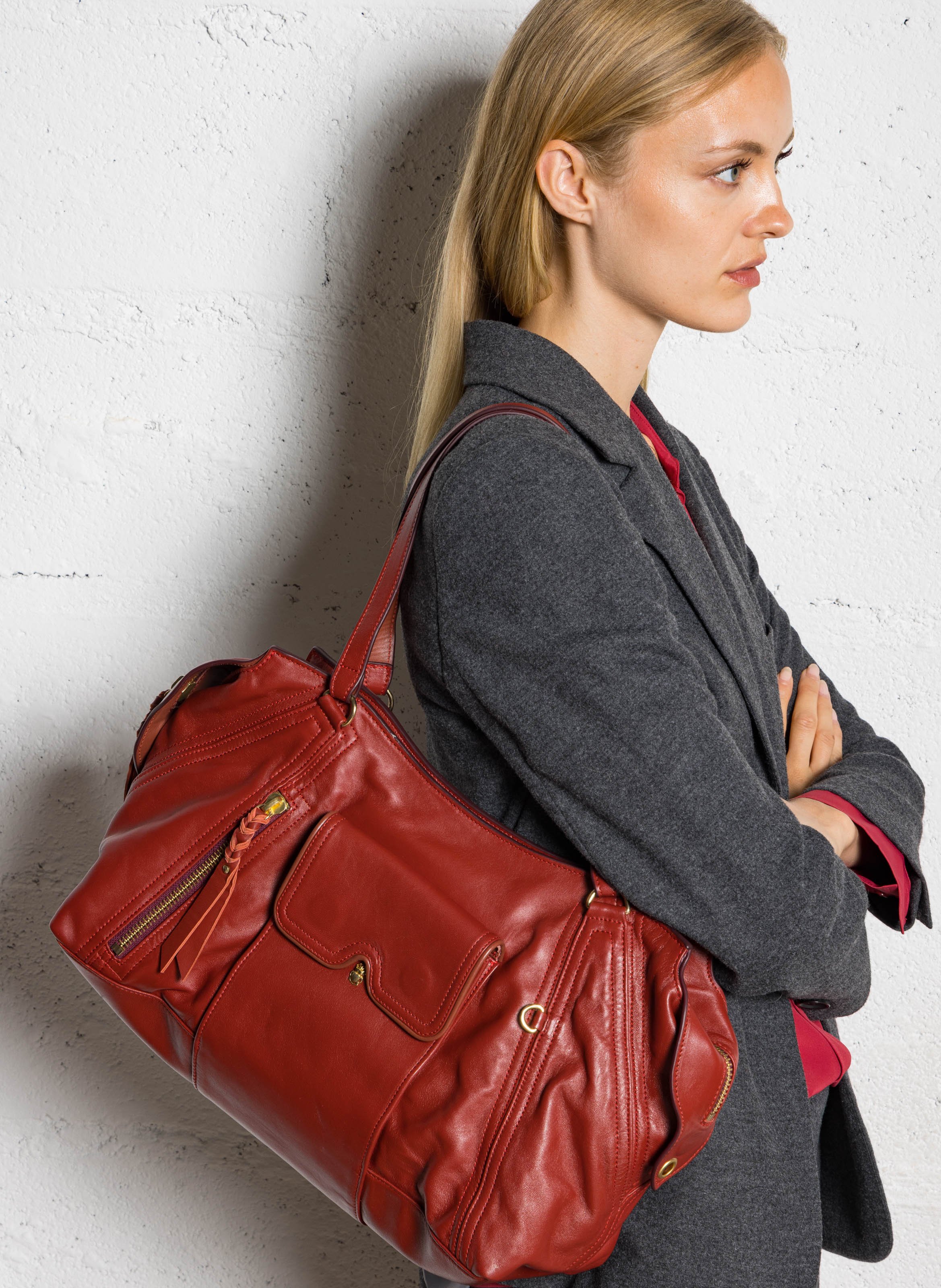 Sac porté épaule en cuir mélangé CLARIS VIROT Rouge