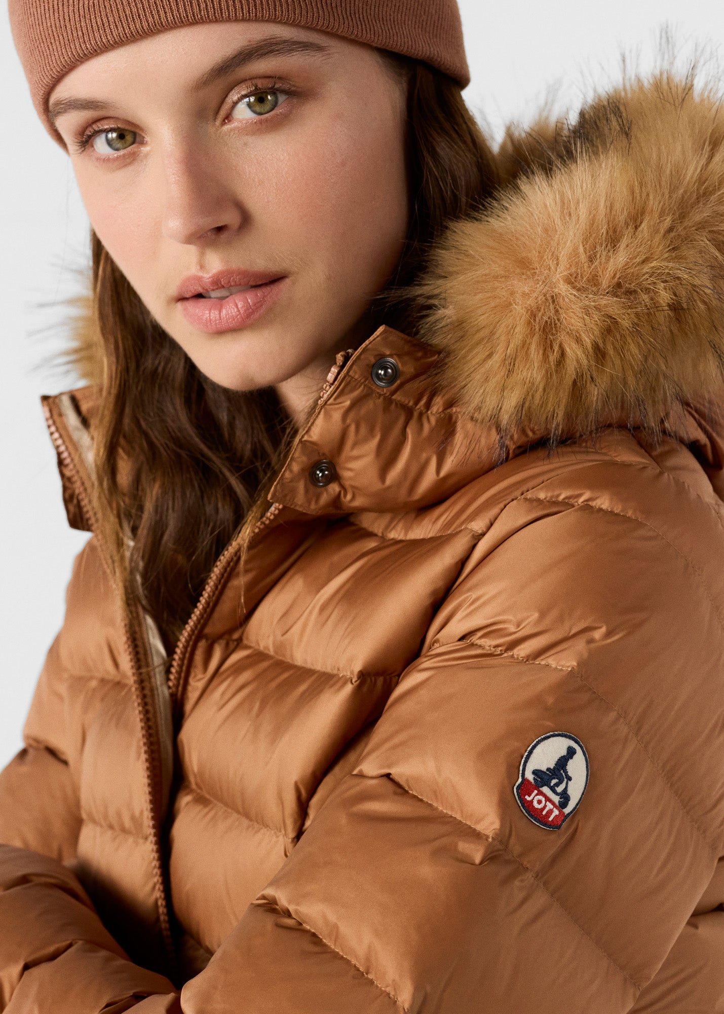 Luxury cold weather hooded puffer coat JOTT Brown