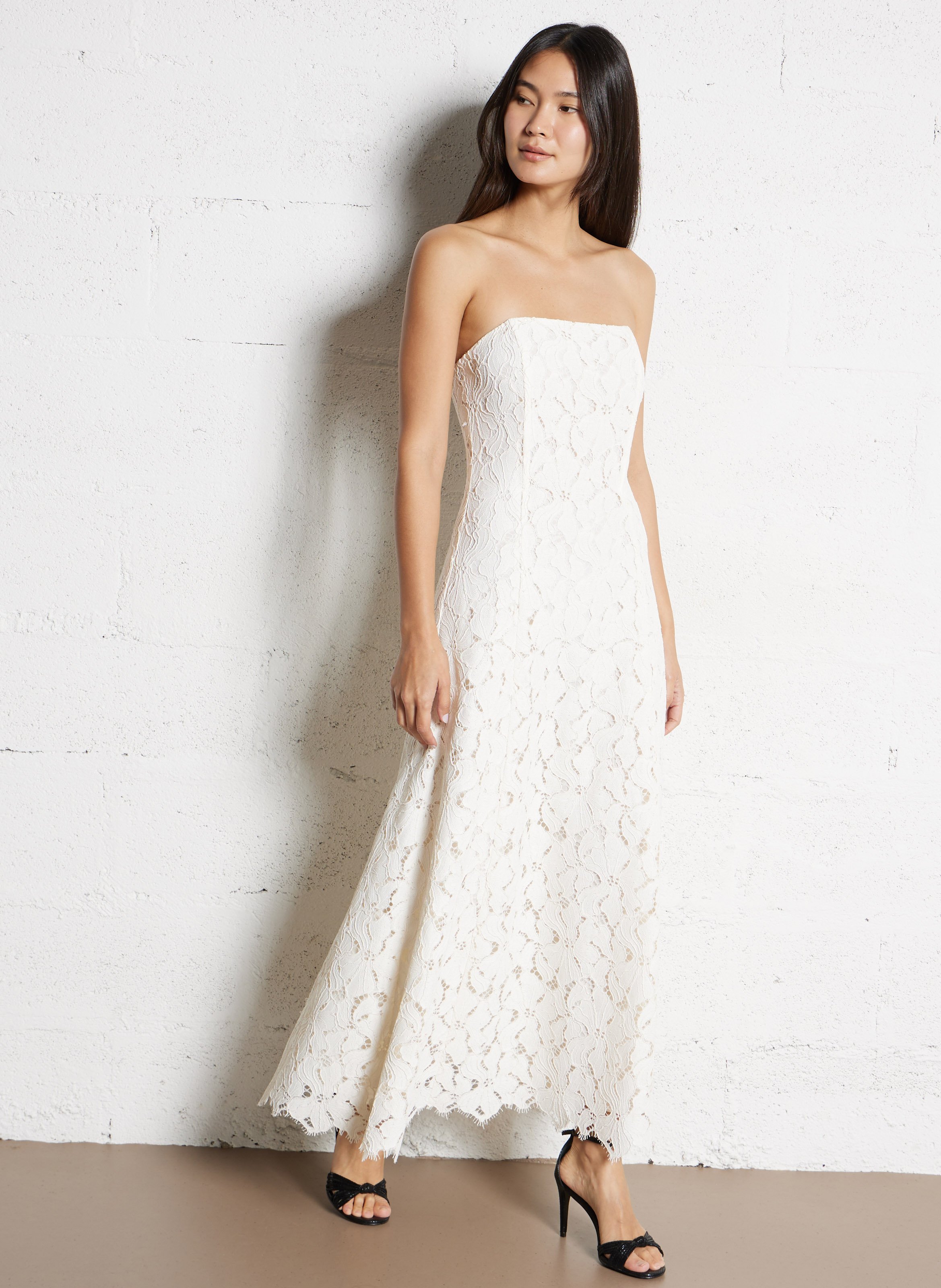 Strapless uitlopende kanten jurk IKKS Wit