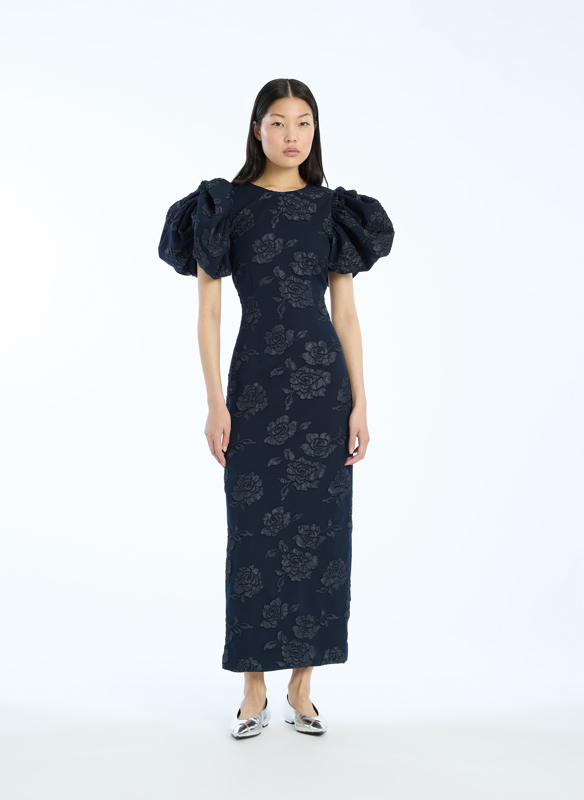 Fitted long dress with floral patterns ROTATE Blue